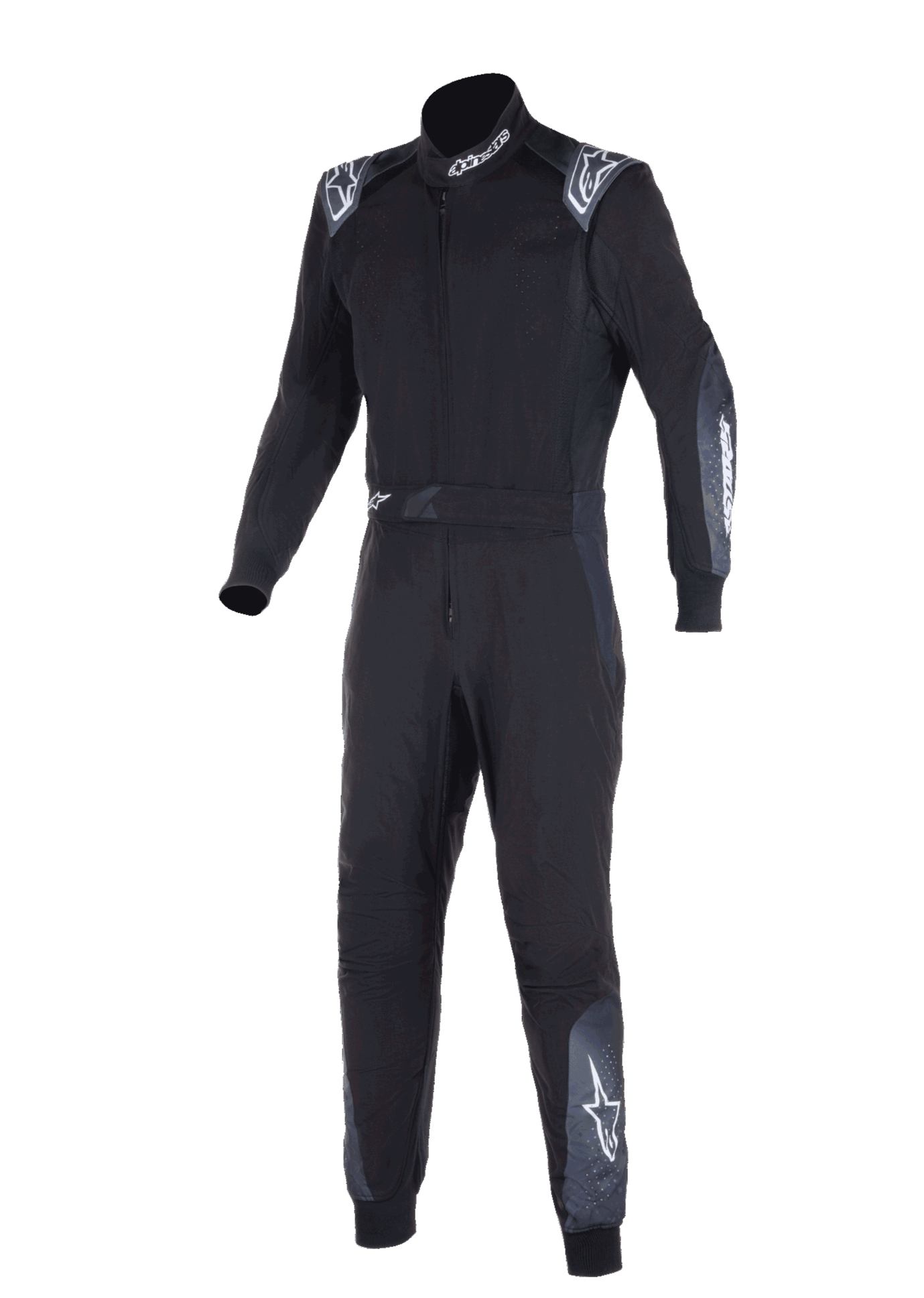 Alpinestars KMX-5 V3 dragt, kartingdragt, sort og Dark Shadow, heldragt til racing med hvidt Alpinestars-logo på skuldre, hals og ben, teknisk dobbeltlagskonstruktion til professionel karting.