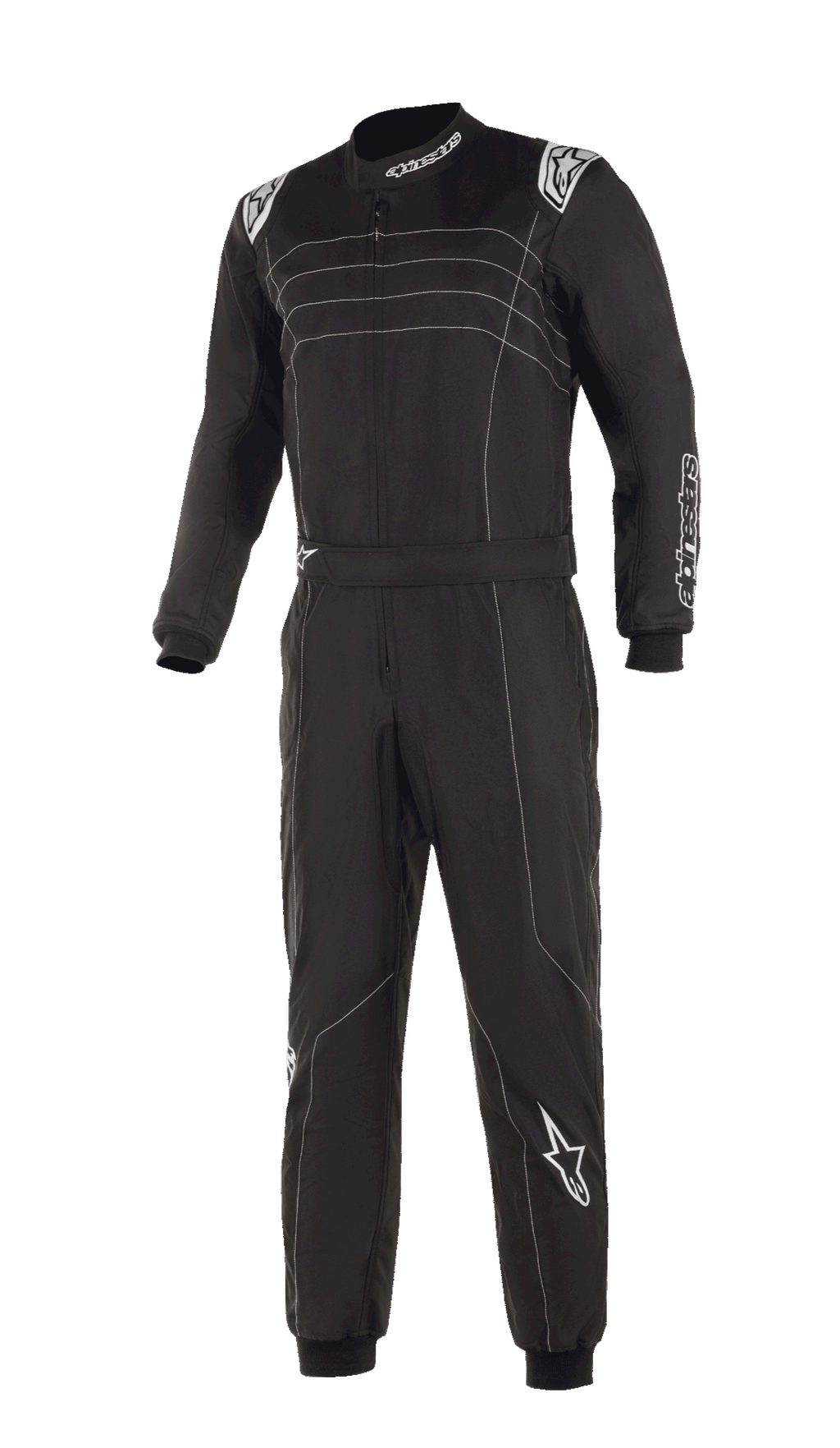 Alpinestars KMX-9 V3 dragt, sort og hvid kartingdragt, med hvide kontrastsyninger og logoer, heldragtskonstruktion med justerbart taljebælte, strikkede manchetter, professionelt motorsport-udseende