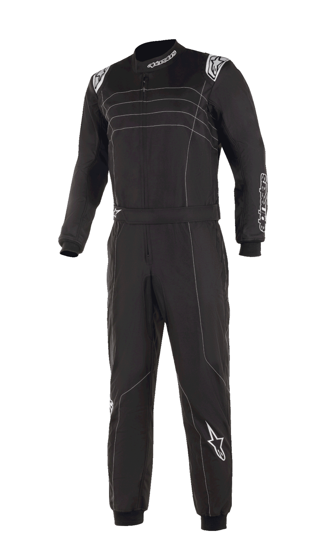 Alpinestars KMX-9 V3 dragt, sort og hvid kartingdragt, med hvide kontrastsyninger og logoer, heldragtskonstruktion med justerbart taljebælte, strikkede manchetter, professionelt motorsport-udseende