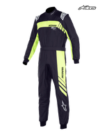 Alpinestars Youth KMX-9 V3 Suit Graphic 3, youth karting suit in black and yellow fluo, FIA certified racing apparel featuring a dual-layer construction and Formula 1-derived epaulettes