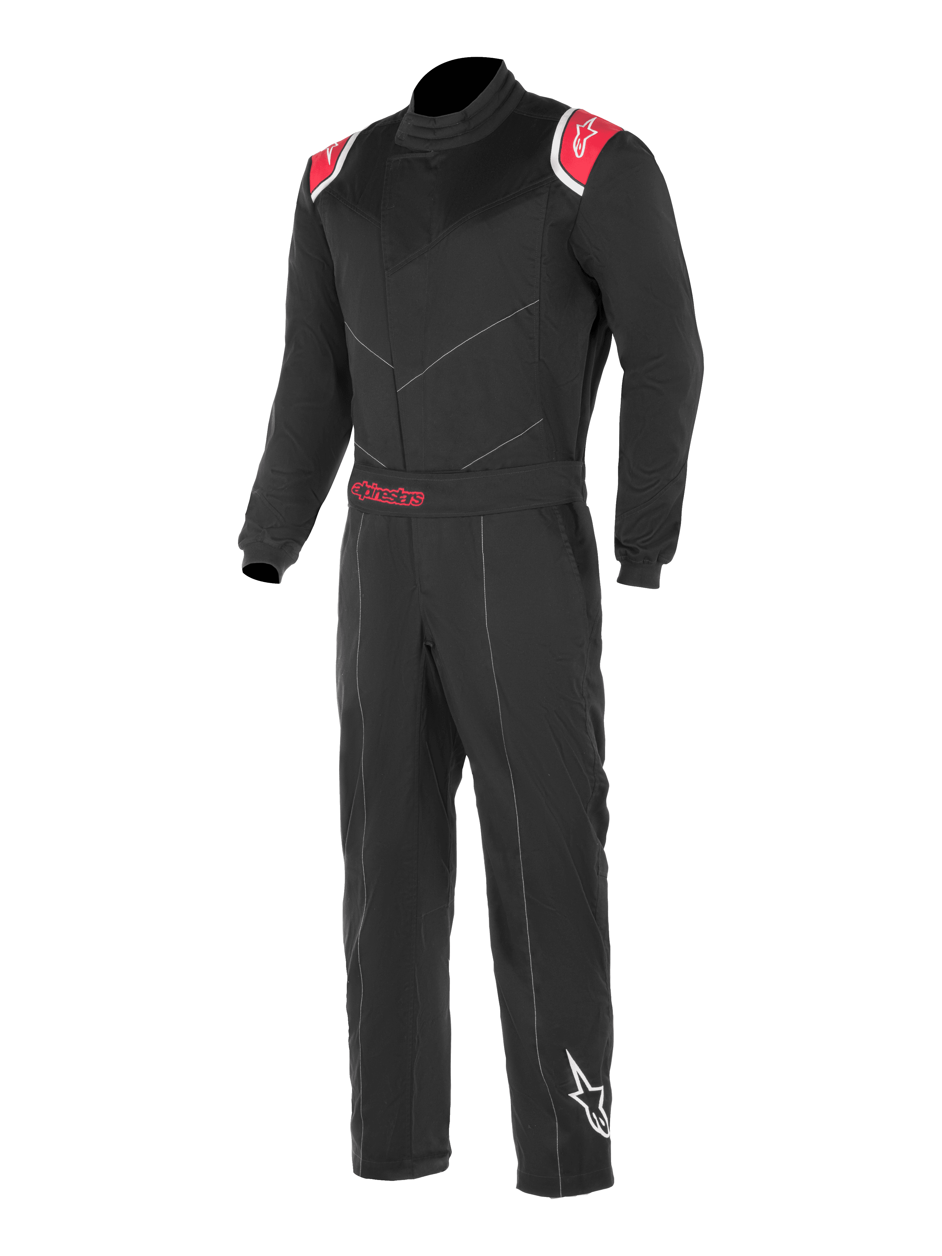 Alpinestars Kart Indoor Suit, sort og rød karting racerdragt, med røde skulderpaneler med hvide stjernelogoer, justerbart taljebælte med rød Alpinestars-branding og hvidt stjernelogo på venstre ben, designet til motorsport