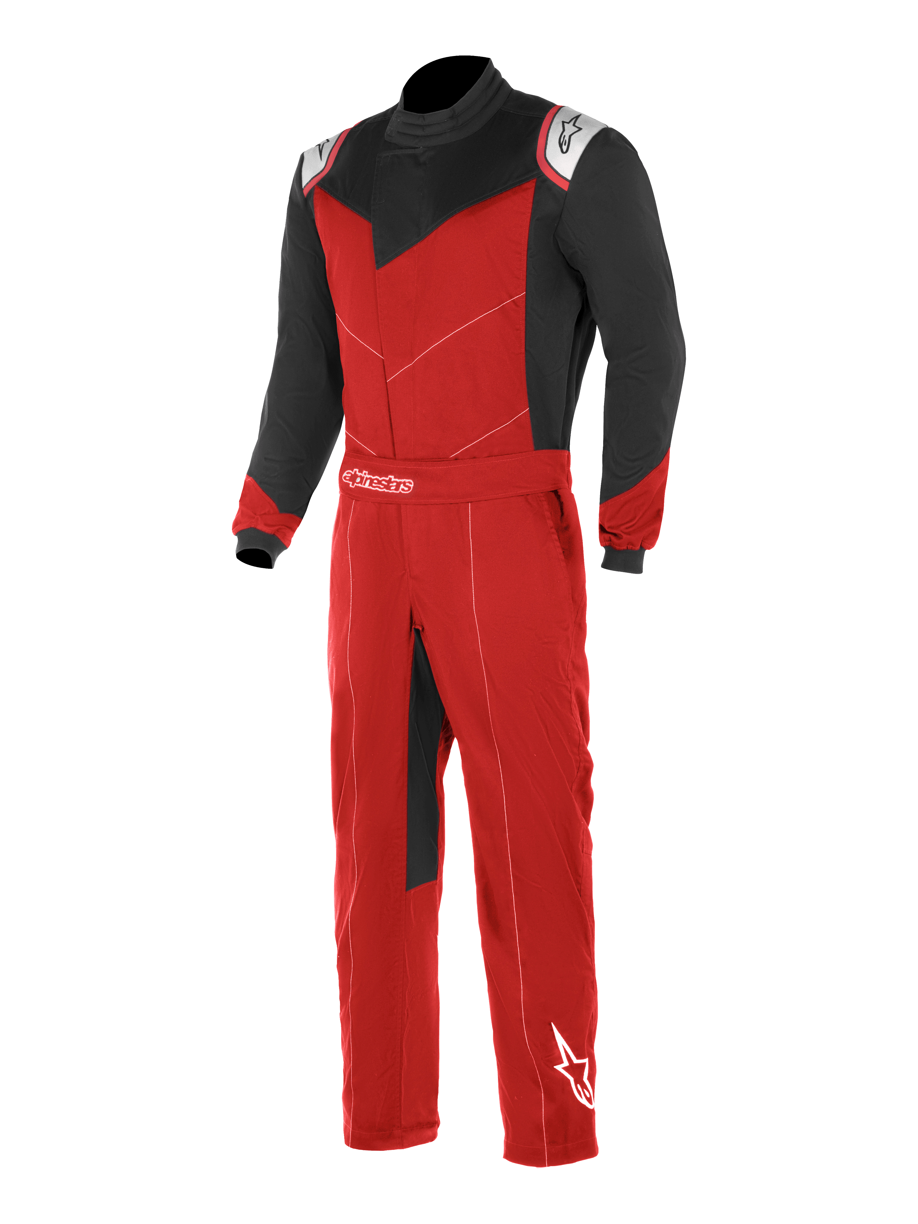 Alpinestars Kart Indoor Suit, karting racerdragt, rød og sort med hvide detaljer, sorte ærmer og øvre brystpaneler, rød torso og ben, med asymmetrisk frontåbning og justerbart taljebælte