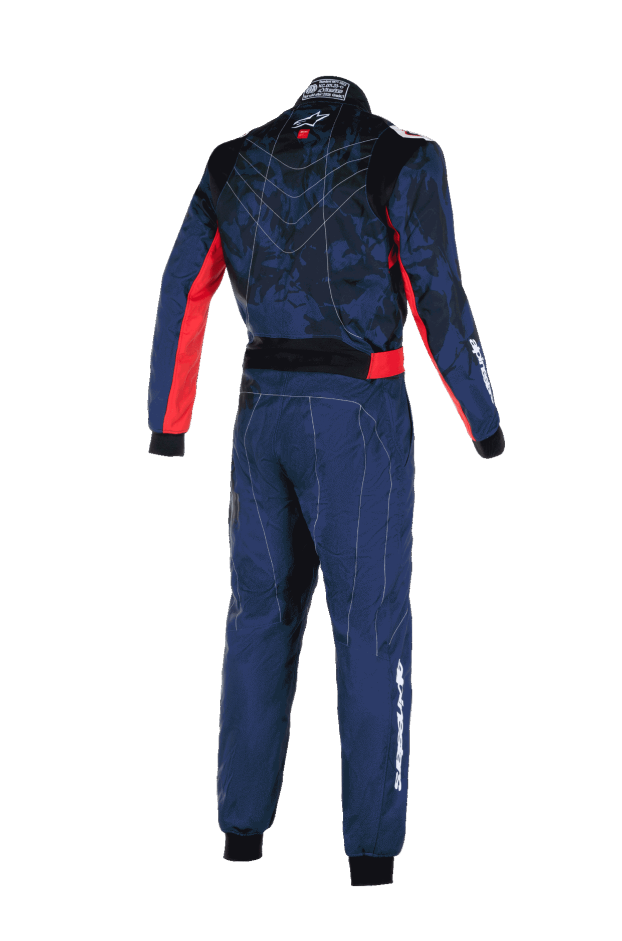 Alpinestars KMX-9 V3 Graphic 5 Suit, Karting Suit, Navy and Red, back view showcasing a camo-patterned upper torso with red side accents, white Alpinestars branding on the sleeve and leg, and technical construction for racing performance.