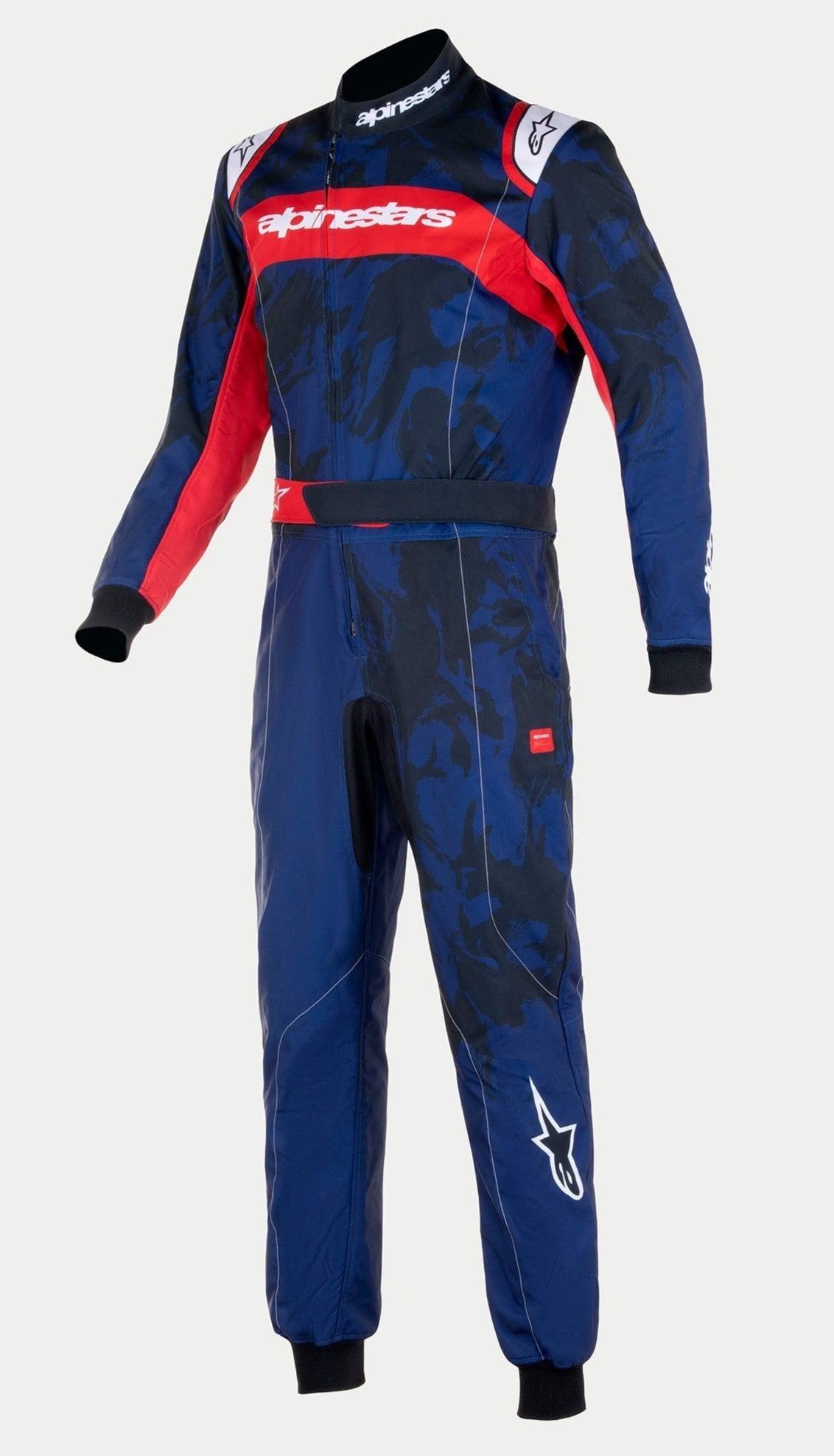 Alpinestars Youth KMX-9 V3 Graphic 5 køredragt, kartingdragt, navy og rød, med mørkeblåt abstrakt grafisk mønster, rødt brystpanel med hvid branding, sorte ribmanchetter og krave, professionelt heldragtsdesign til racing