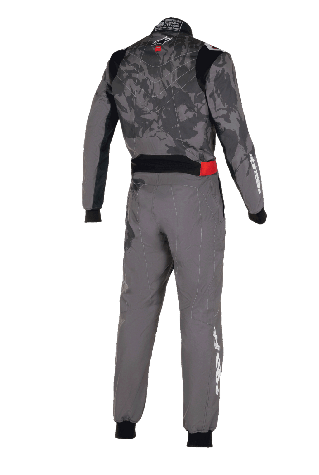 Alpinestars KMX-9 V3 Graphic 5 køredragt, kartingdragt, mørkegrå og sort, set bagfra med camouflage-mønster på overkroppen, rød detalje i taljen og hvid Alpinestars-branding på ærme og ben