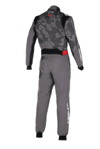 Alpinestars KMX-9 V3 Graphic 5 køredragt, kartingdragt, mørkegrå og sort, set bagfra med camouflage-mønster på overkroppen, rød detalje i taljen og hvid Alpinestars-branding på ærme og ben