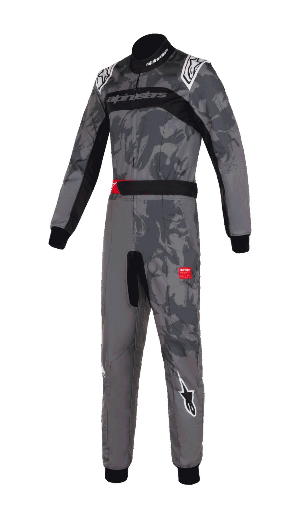 Alpinestars KMX-9 V3 Graphic 5 dragt, kartingdragt, mørkegrå og sort camouflage-grafik, med hvide Alpinestars-logoer på skuldre og ben, sorte strækpaneler, røde detaljer på bæltet, professionelt design i ét stykke til motorsport-racing
