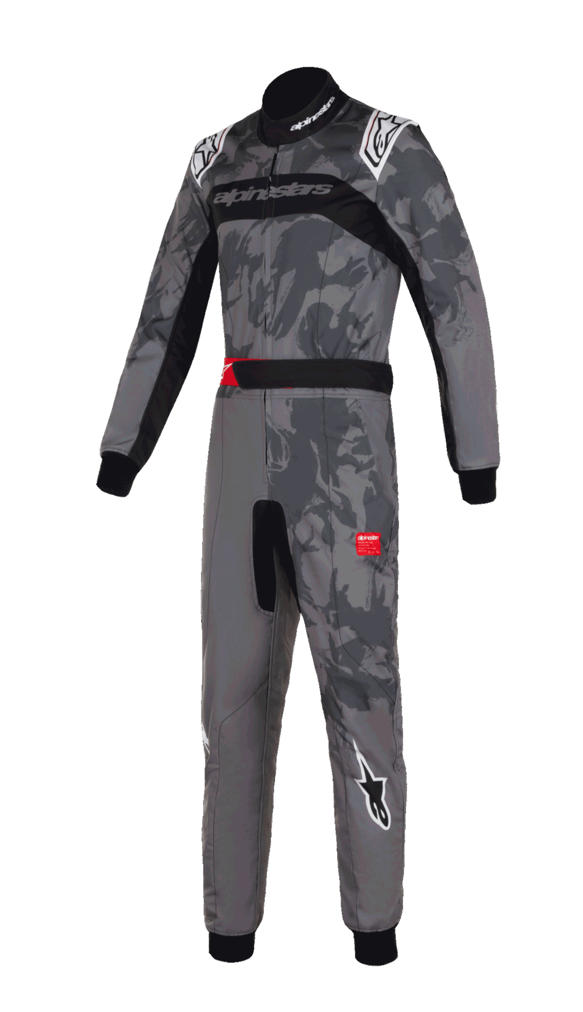 Alpinestars KMX-9 V3 Graphic 5 dragt, kartingdragt, mørkegrå og sort camouflage-grafik, med hvide Alpinestars-logoer på skuldre og ben, sorte strækpaneler, røde detaljer på bæltet, professionelt design i ét stykke til motorsport-racing