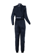 Alpinestars Stella GP Pro Comp V2 køredragt til kvinder - FIA, set bagfra, Black Asphalt og hvid, med hvide Stella- og Alpinestars-logoer, professionel racerdragt med skulderepauletter og anatomisk paneludformning til kvinder.