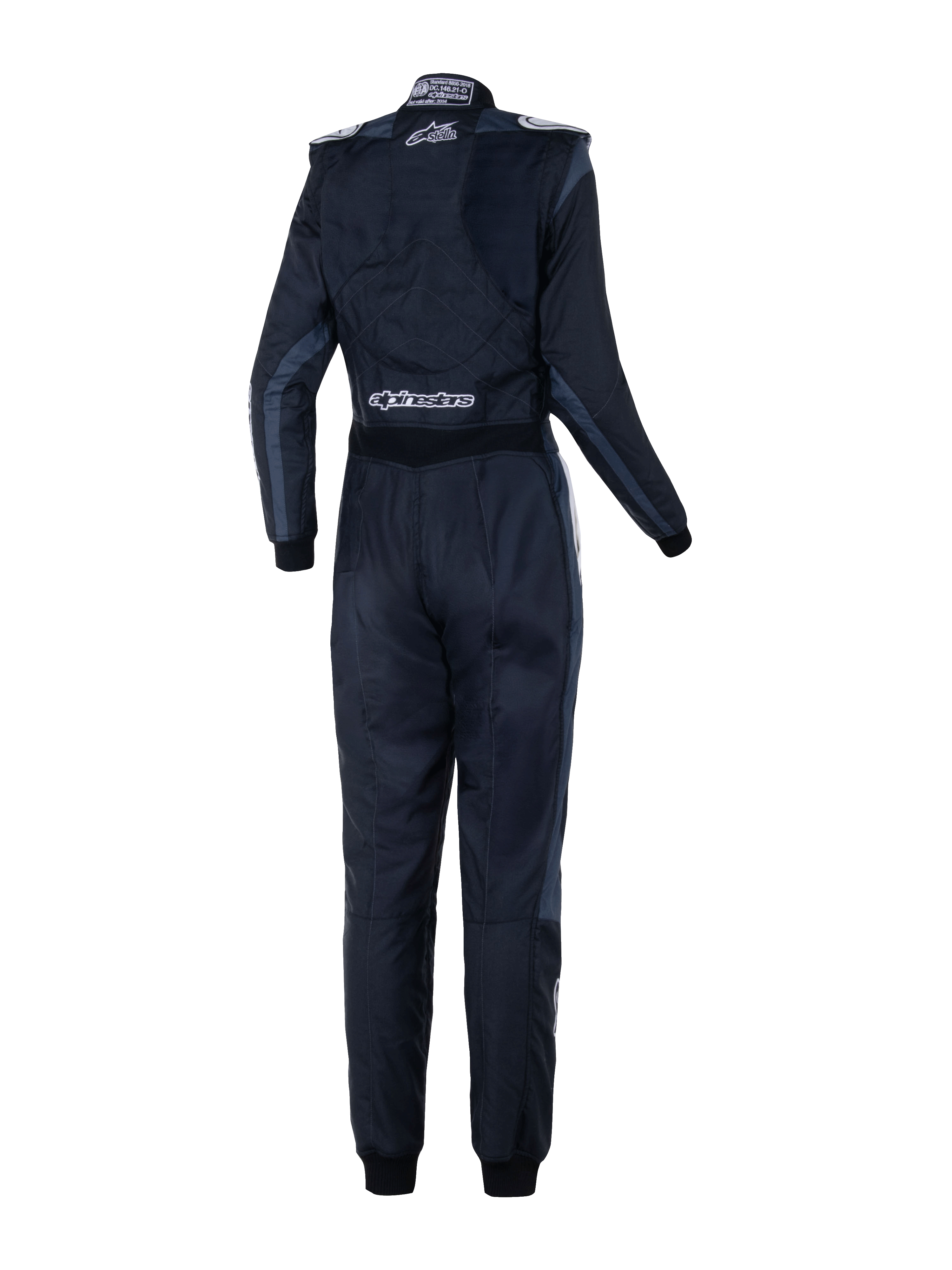 Alpinestars Stella GP Pro Comp V2 køredragt til kvinder - FIA, set bagfra, Black Asphalt og hvid, med hvide Stella- og Alpinestars-logoer, professionel racerdragt med skulderepauletter og anatomisk paneludformning til kvinder.