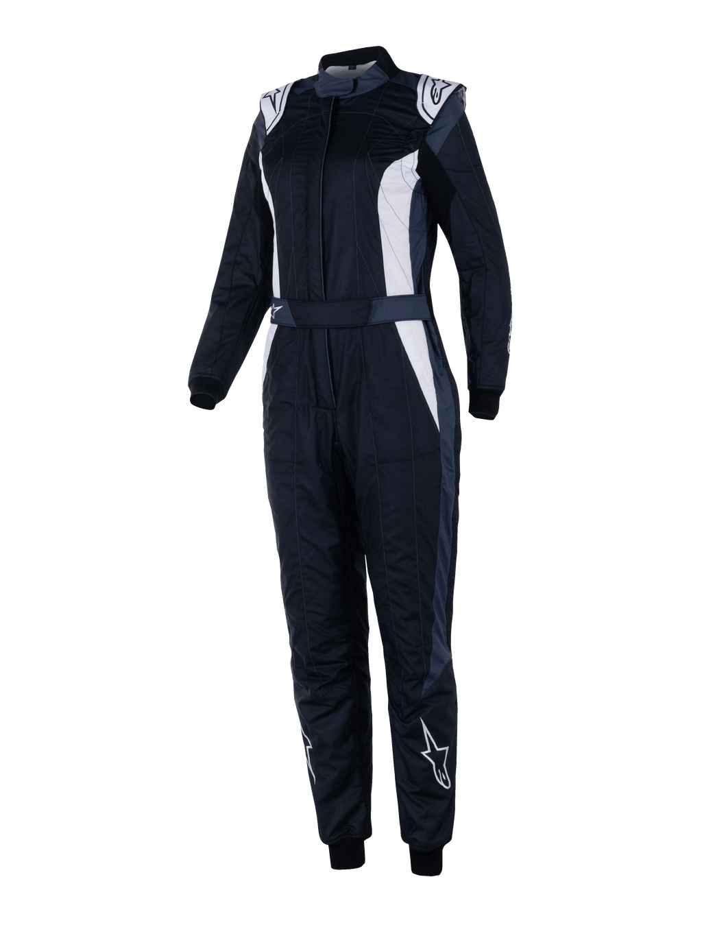 Alpinestars Stella GP Pro Comp V2 dragt, FIA-racerdragt til damer, sort asfalt og hvid, lange ærmer med høj krave, hvide logoer på skuldre og skinneben, justerbart bælte i taljen, elastiske manchetter, aerodynamisk design til professionel motorsport