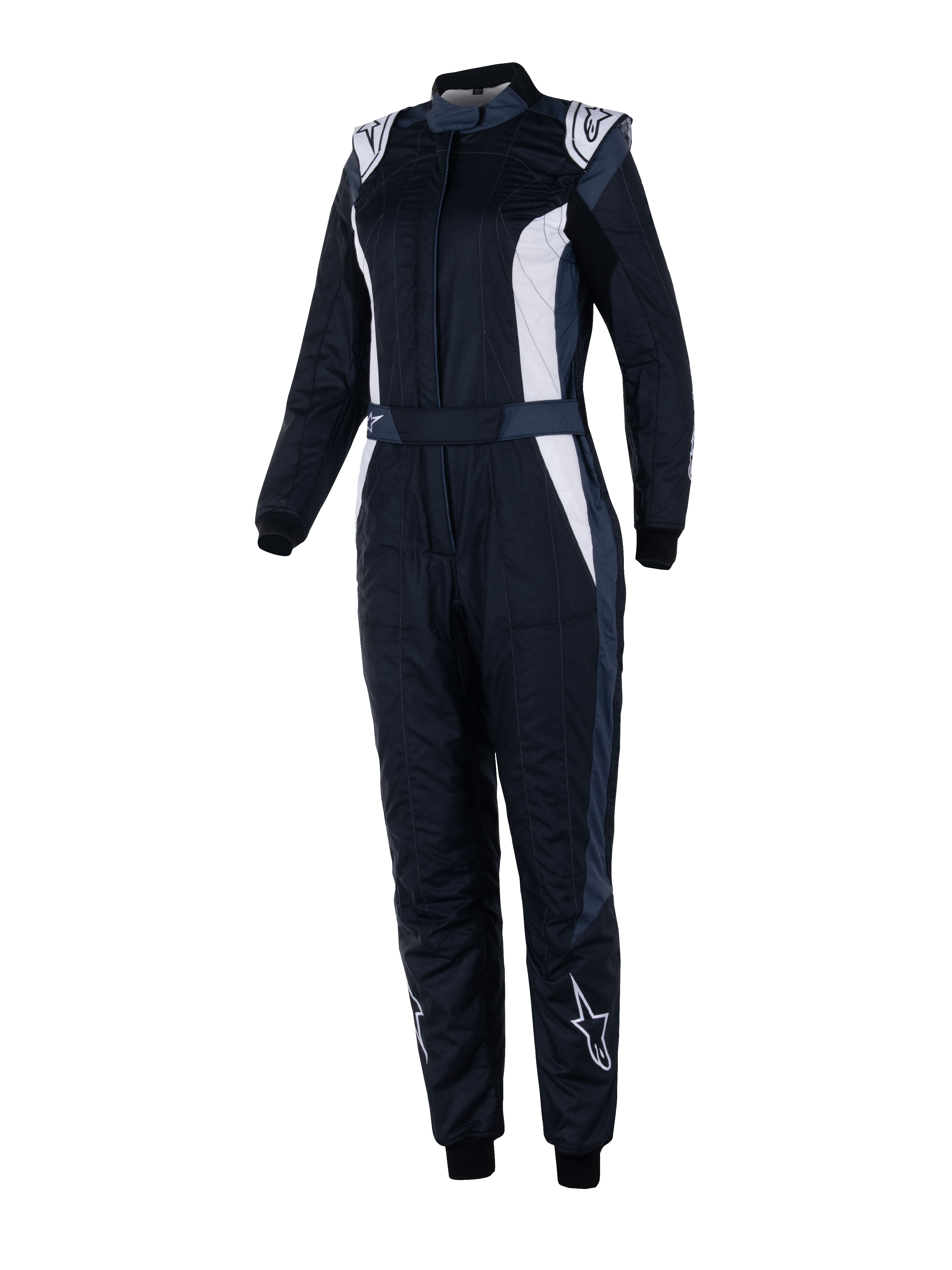 Alpinestars Stella GP Pro Comp V2 dragt, FIA-racerdragt til damer, sort asfalt og hvid, lange ærmer med høj krave, hvide logoer på skuldre og skinneben, justerbart bælte i taljen, elastiske manchetter, aerodynamisk design til professionel motorsport