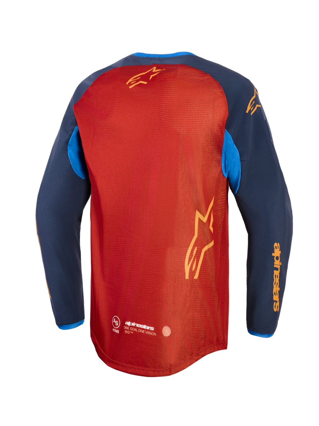 Alpinestars Maxdura Dual Jersey, adventure-motorcykeltrøje, rustbrun og Mood Indigo med lyseblå detaljer, set bagfra med fuld mesh-torso, forlænget bagkant og gul Alpinestars-branding på ærmer og ryg