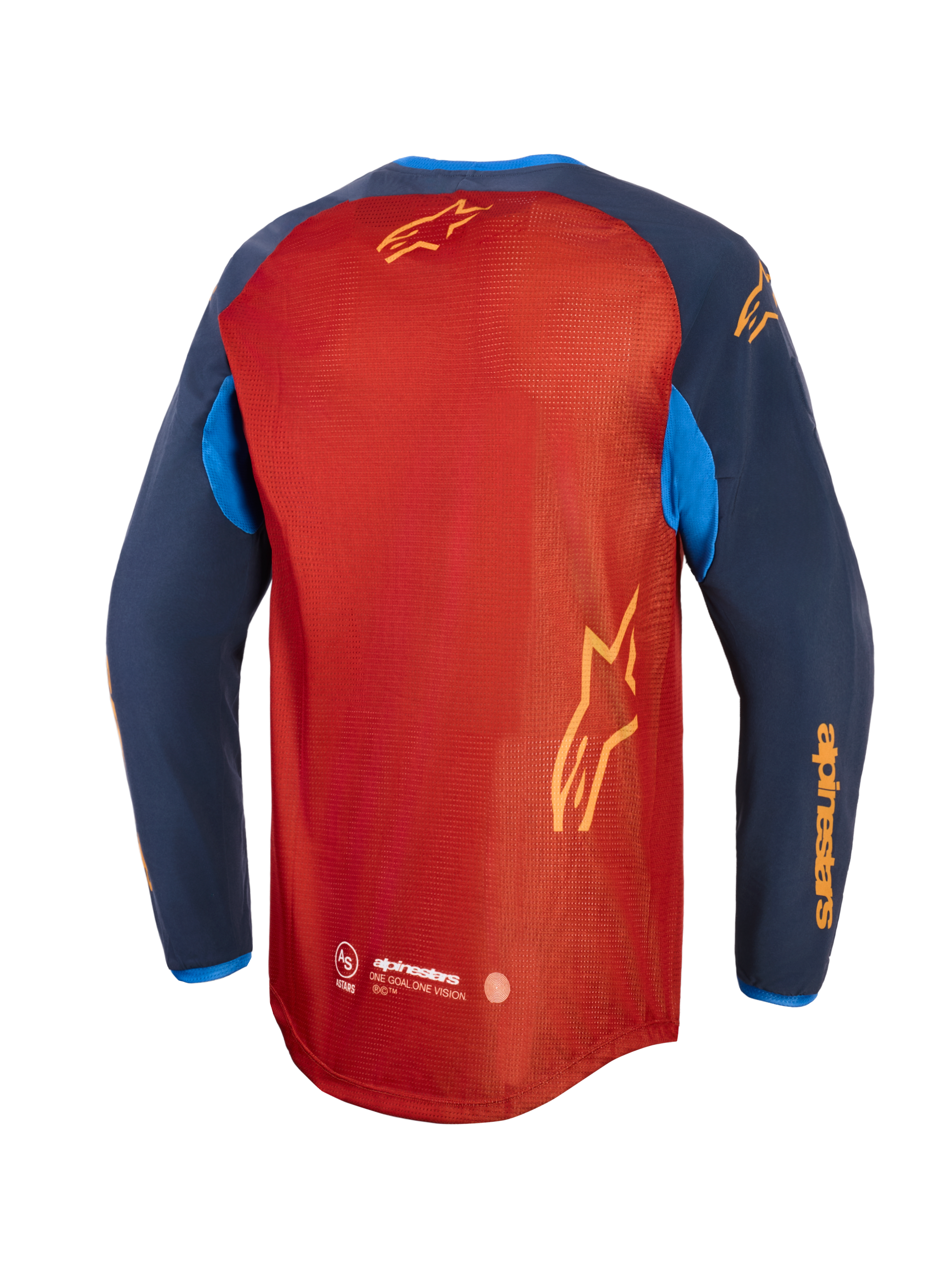 Alpinestars Maxdura Dual Jersey, adventure-motorcykeltrøje, rustbrun og Mood Indigo med lyseblå detaljer, set bagfra med fuld mesh-torso, forlænget bagkant og gul Alpinestars-branding på ærmer og ryg
