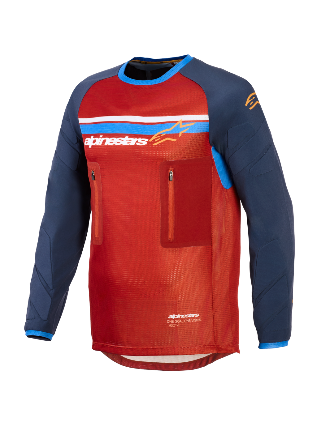 Alpinestars Maxdura Dual Jersey, teknisk adventure motorcykeltrøje, rød og mørkeblå, mesh-torso, to brystlommer med lynlås, Alpinestars-logo med blå og hvide striber, lange slidstærke ærmer.