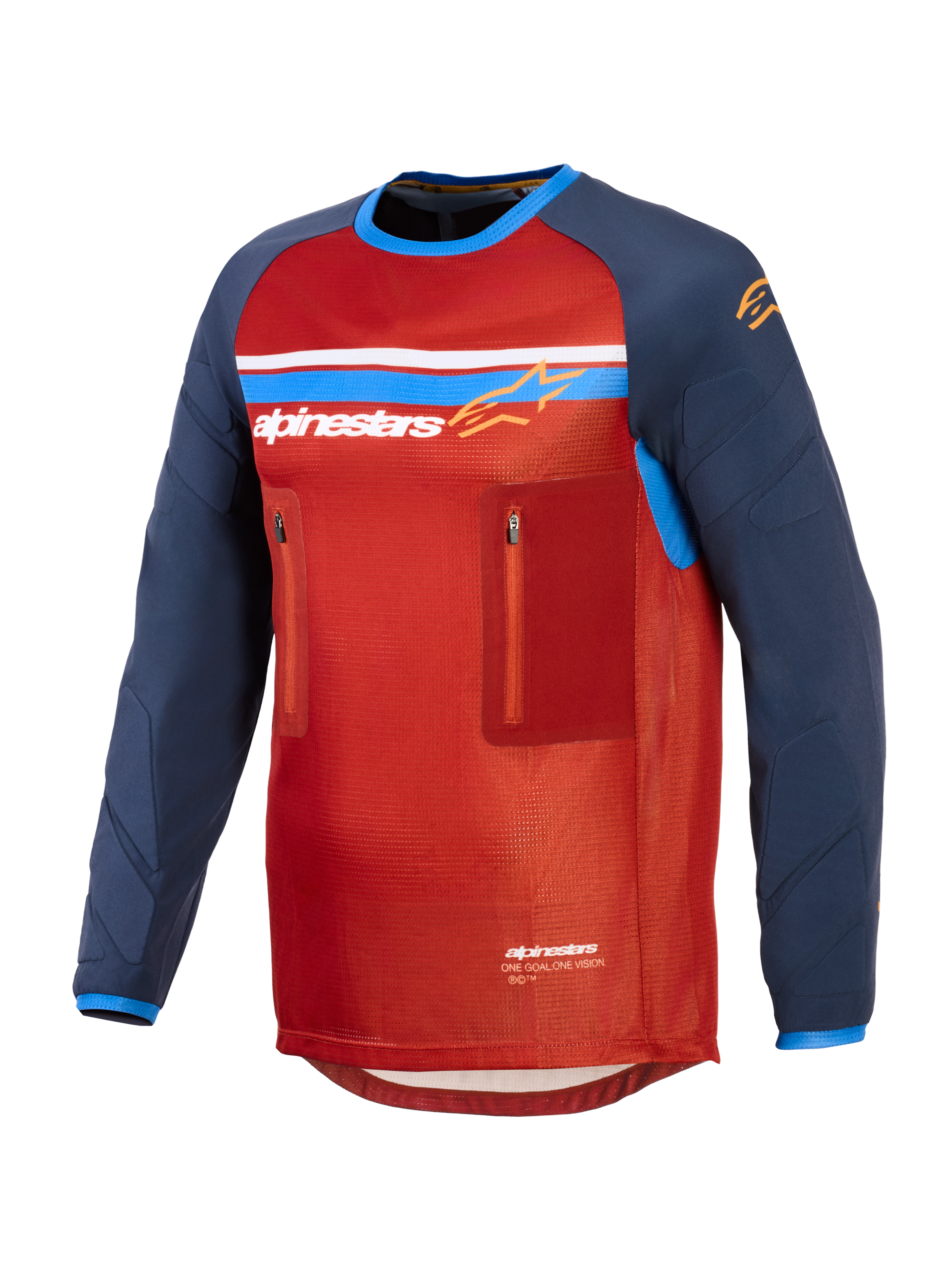 Alpinestars Maxdura Dual Jersey, teknisk adventure motorcykeltrøje, rød og mørkeblå, mesh-torso, to brystlommer med lynlås, Alpinestars-logo med blå og hvide striber, lange slidstærke ærmer.