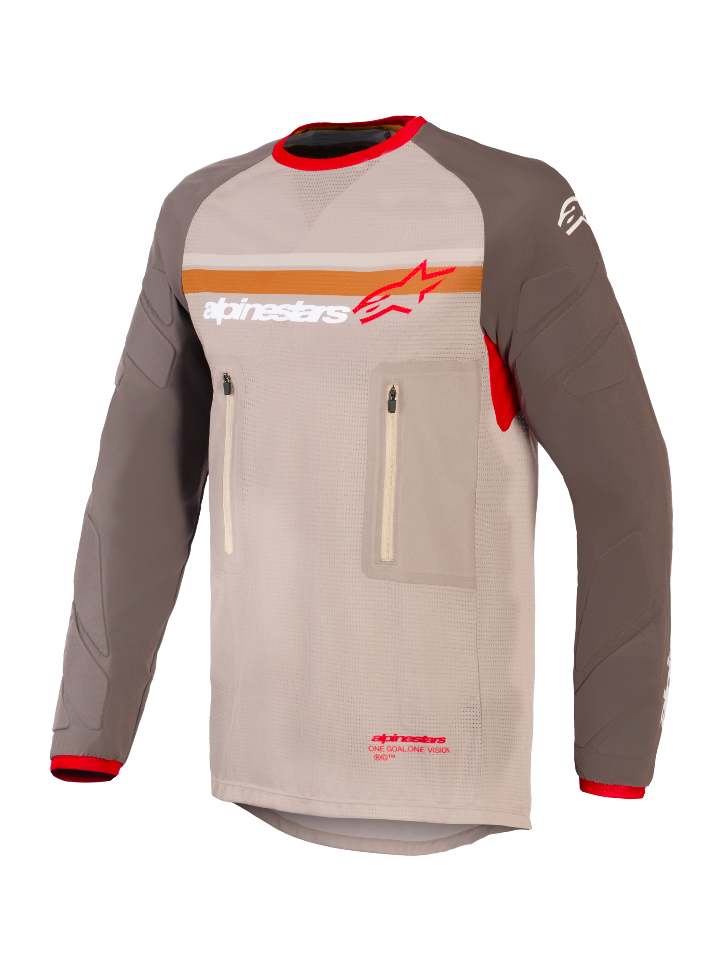 Alpinestars Maxdura Dual Jersey, adventure- og dual-sport motorcykeltrøje, Aluminum Walnut og brun, mesh-torso med slidstærke ærmer, dobbelte brystlommer med lynlås, orange stribe og Alpinestars-logo på brystet, røde detaljer på krave og manchetter