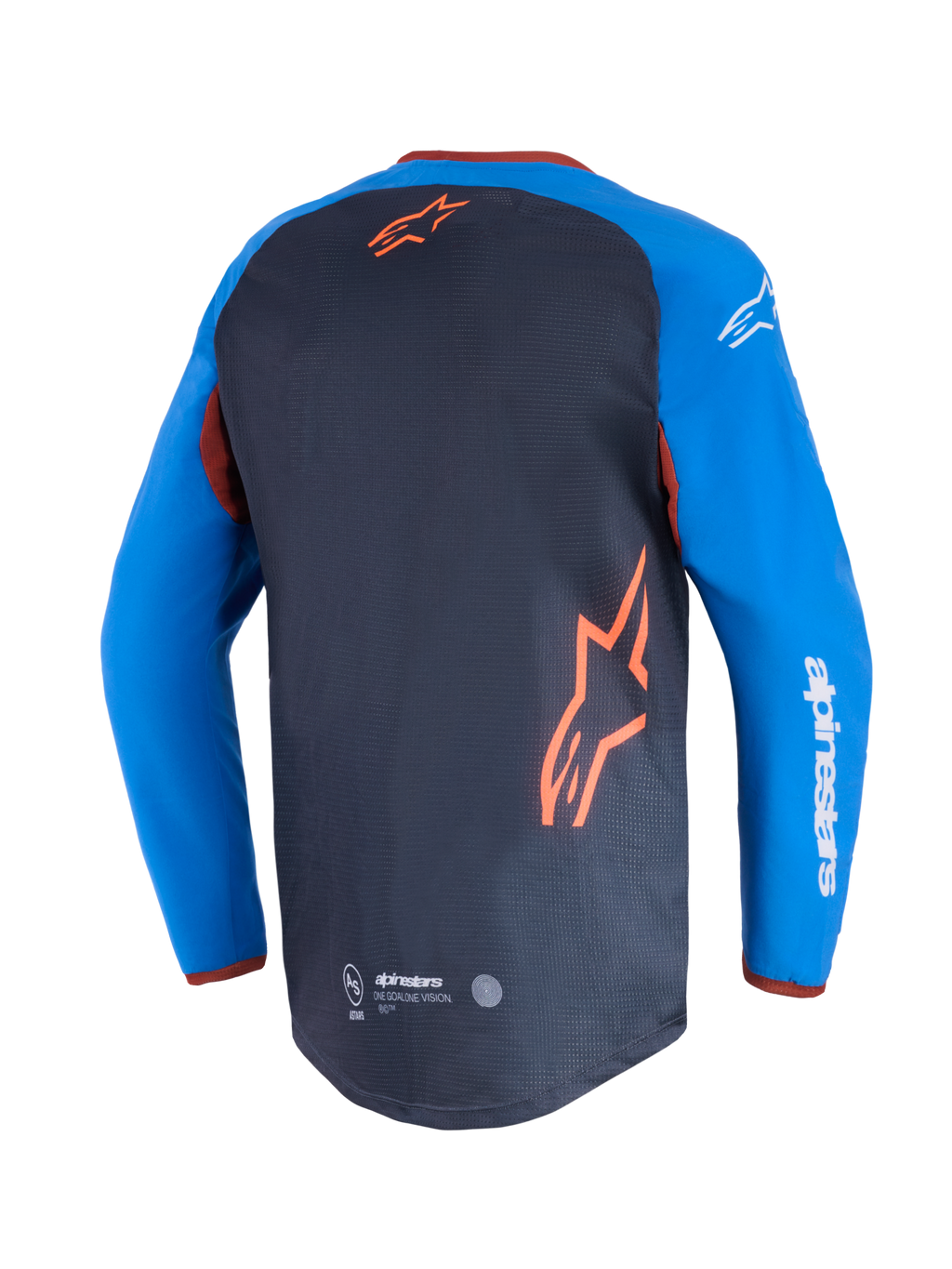 Alpinestars Maxdura Dual Jersey, motorcykeltrøje, mørkegrå og kongeblå, set bagfra med mesh-panel på overkroppen og orange stjernelogo, kongeblå ærmer med hvid Alpinestars-tekst, forlænget rygstykke til off-road kørsel