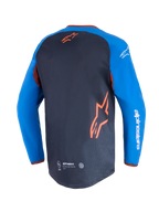 Alpinestars Maxdura Dual Jersey, motorcykeltrøje, mørkegrå og kongeblå, set bagfra med mesh-panel på overkroppen og orange stjernelogo, kongeblå ærmer med hvid Alpinestars-tekst, forlænget rygstykke til off-road kørsel