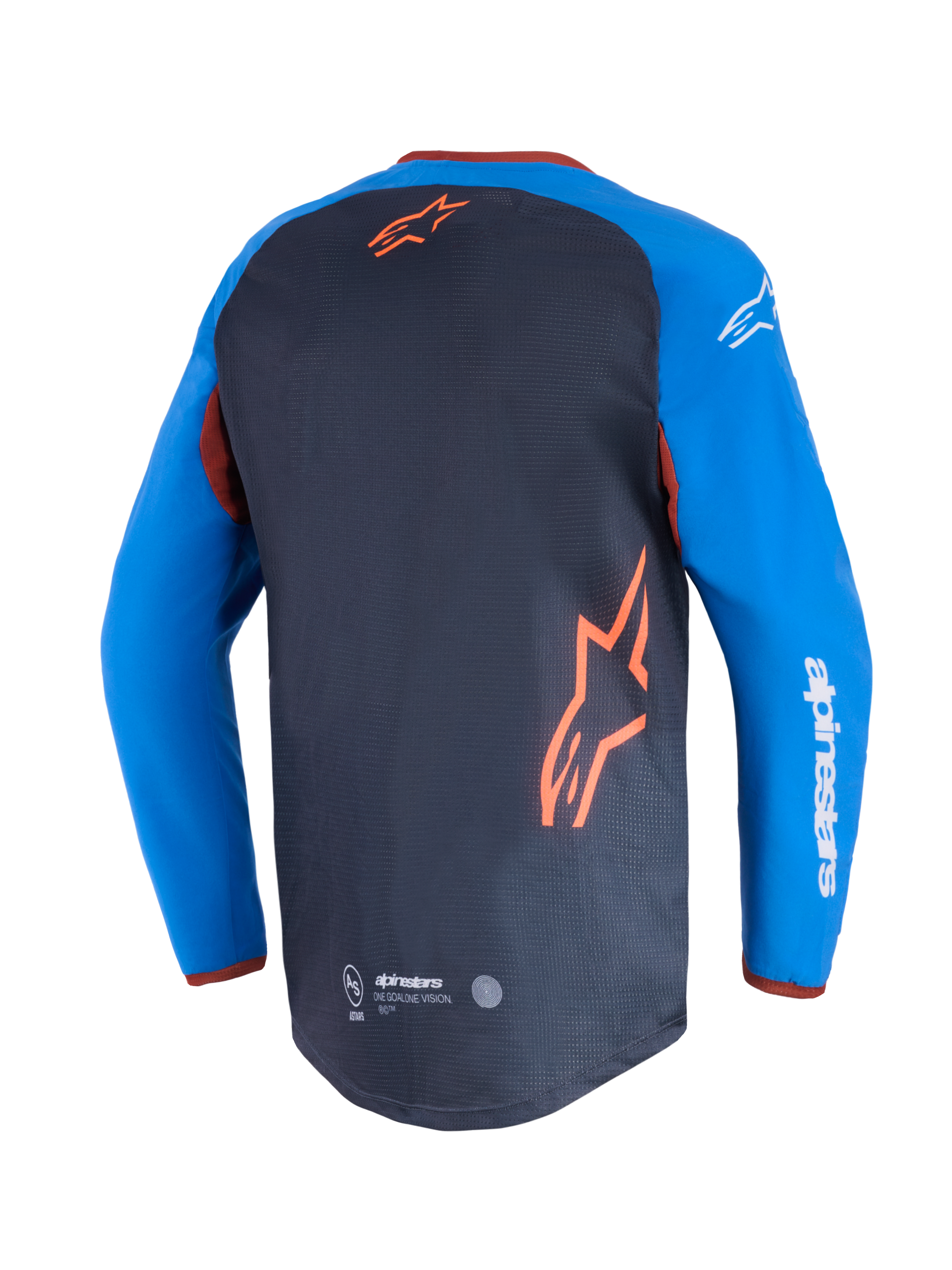 Alpinestars Maxdura Dual Jersey, motorcykeltrøje, mørkegrå og kongeblå, set bagfra med mesh-panel på overkroppen og orange stjernelogo, kongeblå ærmer med hvid Alpinestars-tekst, forlænget rygstykke til off-road kørsel