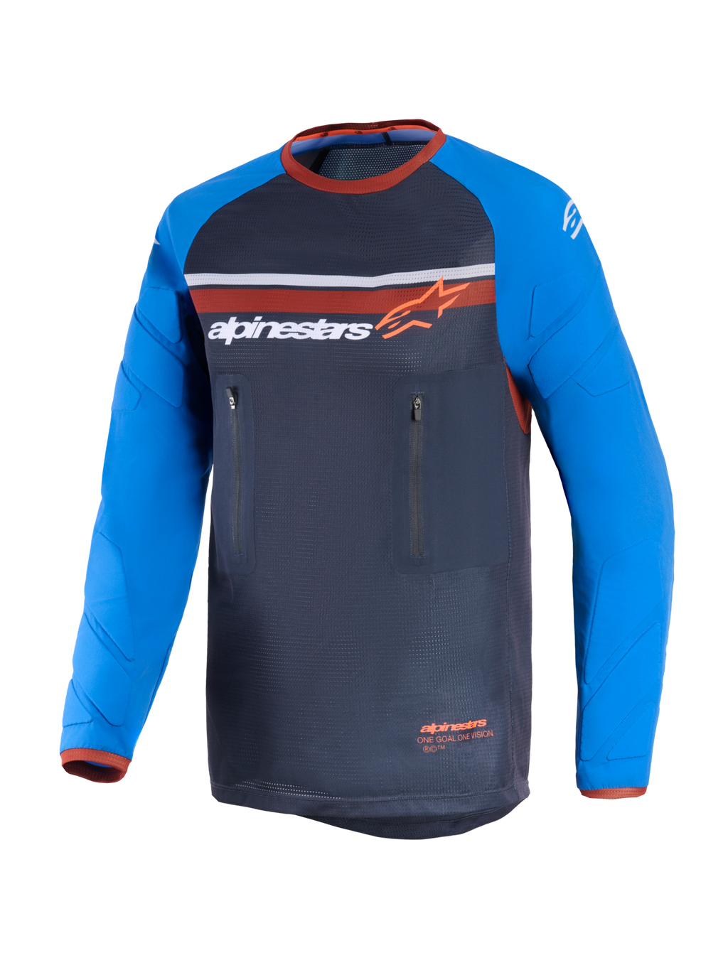 Alpinestars Maxdura Dual Jersey, mørkegrå og kongeblå, dual-sport motorcykeltrøje med fuld mesh-torso, slidstærke lange ærmer med forstærkningsmønstre, orange detaljer og to lodrette lynlåslommer på brystet
