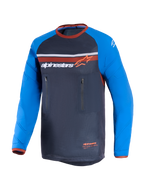 Alpinestars Maxdura Dual Jersey, mørkegrå og kongeblå, dual-sport motorcykeltrøje med fuld mesh-torso, slidstærke lange ærmer med forstærkningsmønstre, orange detaljer og to lodrette lynlåslommer på brystet