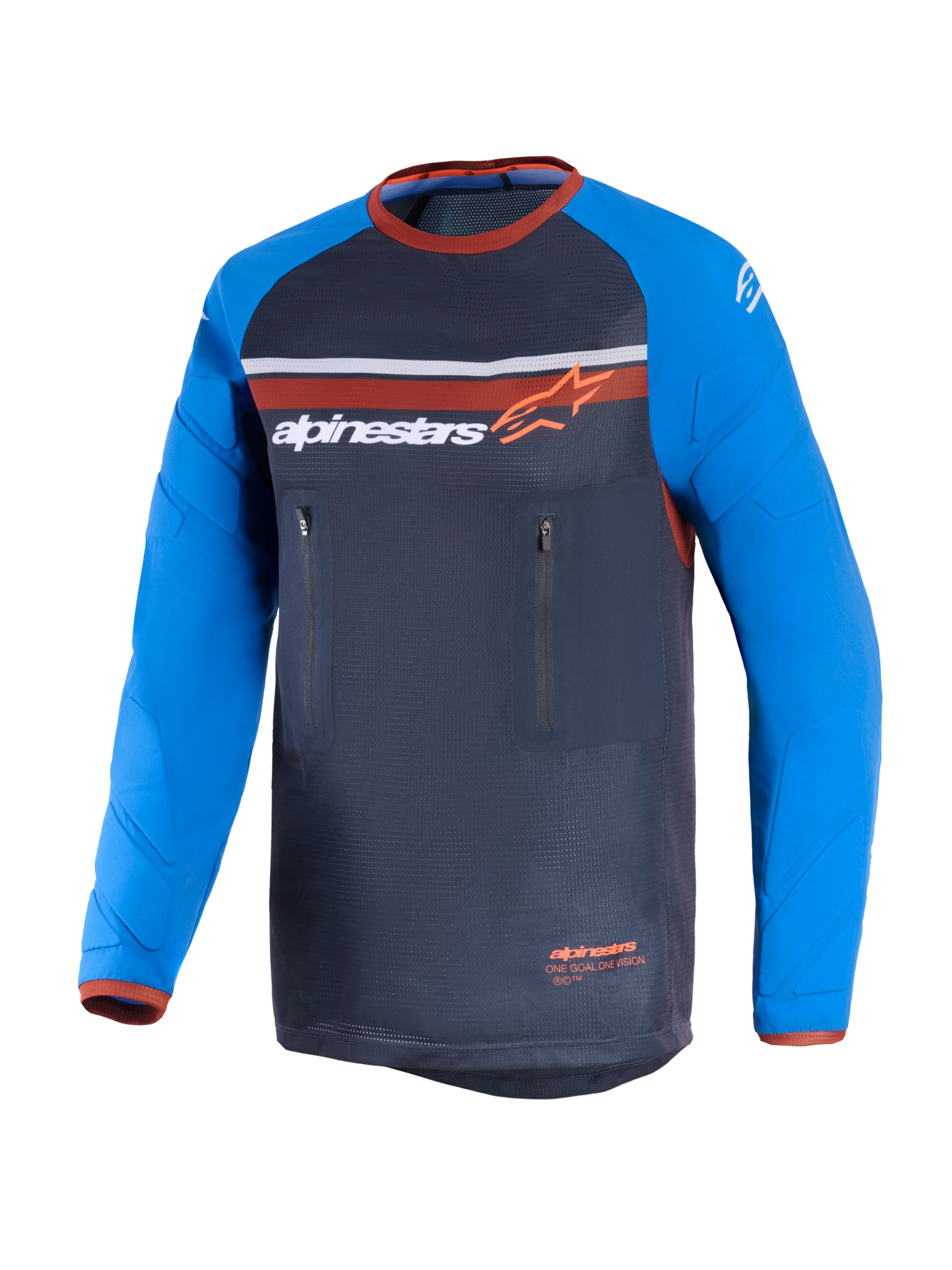 Alpinestars Maxdura Dual Jersey, mørkegrå og kongeblå, dual-sport motorcykeltrøje med fuld mesh-torso, slidstærke lange ærmer med forstærkningsmønstre, orange detaljer og to lodrette lynlåslommer på brystet
