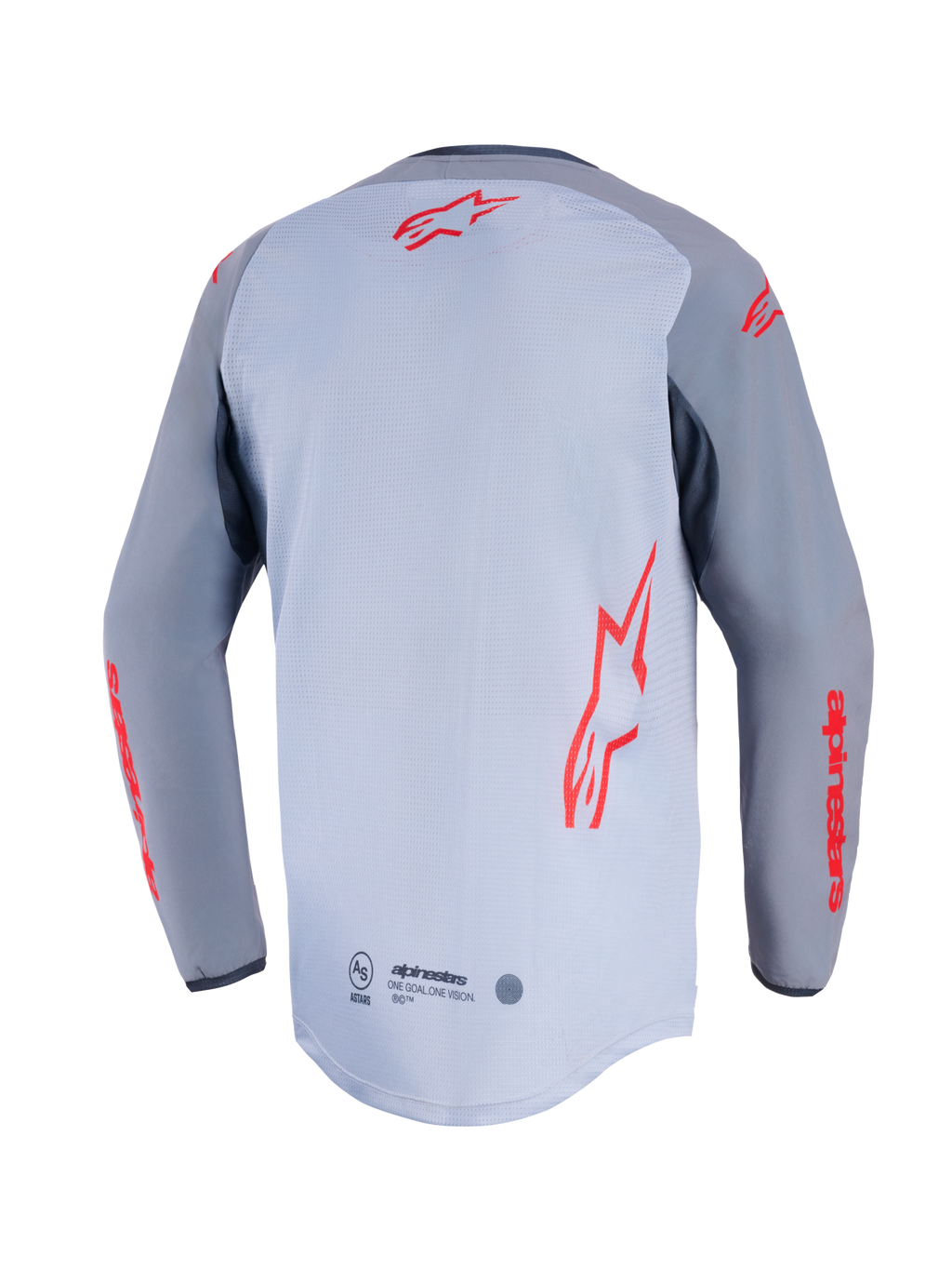 Alpinestars Maxdura Dual Jersey, set bagfra, mellemgrå og mørkegrå, med røde Alpinestars-logoer på ryggen og ærmerne, mesh-konstruktion på torsoen og forlænget drop-tail bagkant.