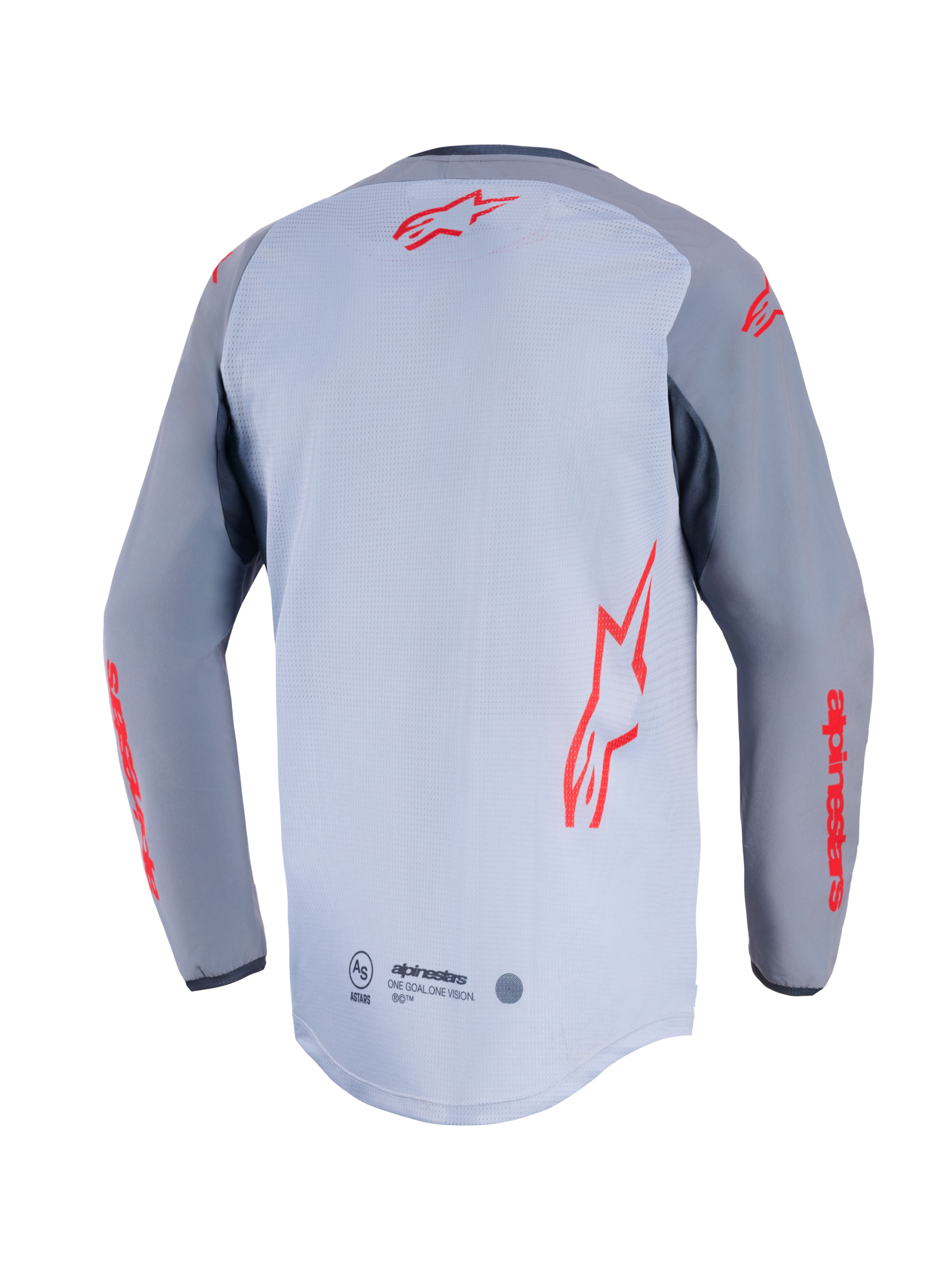 Alpinestars Maxdura Dual Jersey, set bagfra, mellemgrå og mørkegrå, med røde Alpinestars-logoer på ryggen og ærmerne, mesh-konstruktion på torsoen og forlænget drop-tail bagkant.