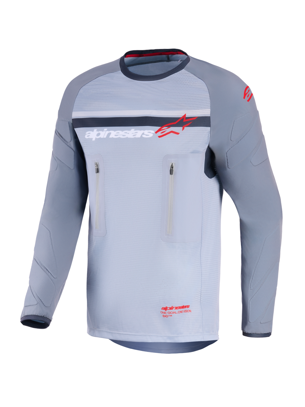Alpinestars Maxdura Dual Jersey, adventure-motorcykeltrøje, mellemgrå og mørkegrå, set forfra med lodrette brystlommer med lynlås, slidstærke ærmer med integreret polstring og Alpinestars-branding i rød og hvid, performance-udstyr til off-road-kørsel
