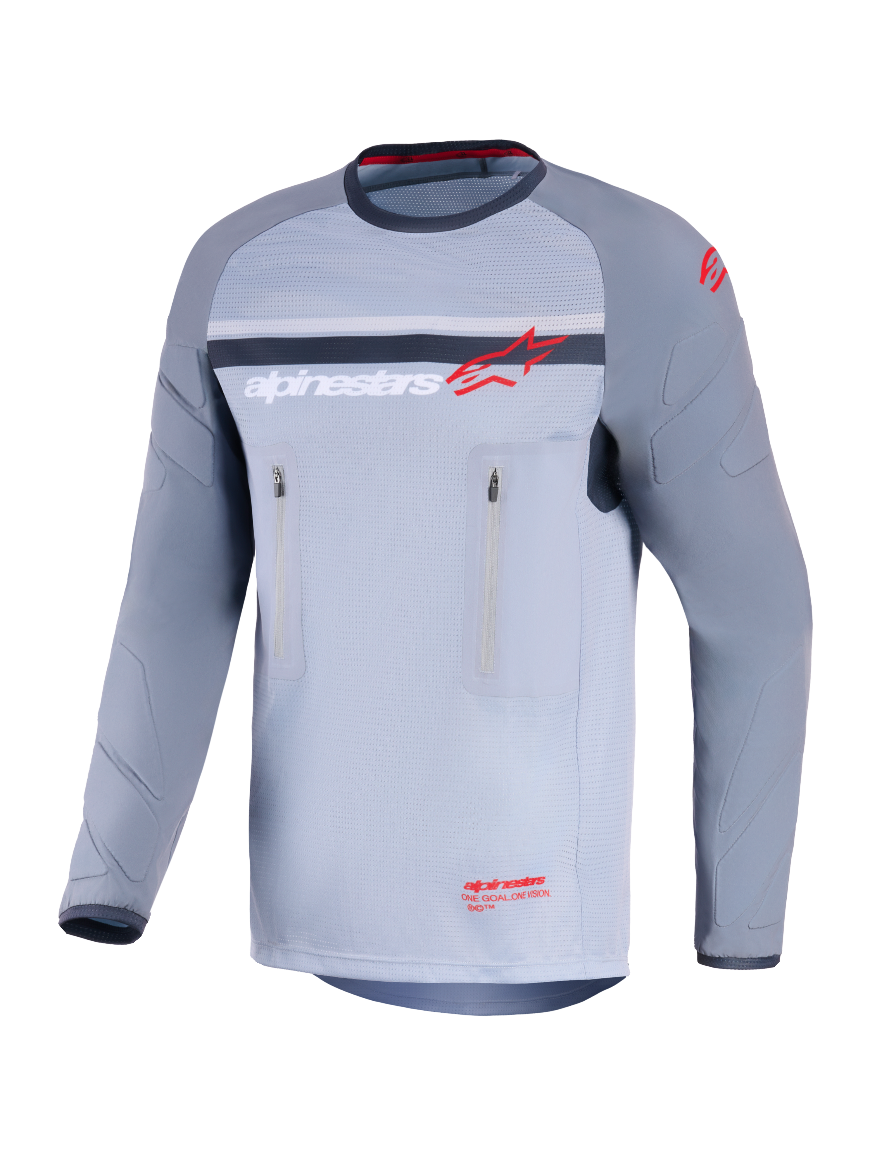 Alpinestars Maxdura Dual Jersey, adventure-motorcykeltrøje, mellemgrå og mørkegrå, set forfra med lodrette brystlommer med lynlås, slidstærke ærmer med integreret polstring og Alpinestars-branding i rød og hvid, performance-udstyr til off-road-kørsel