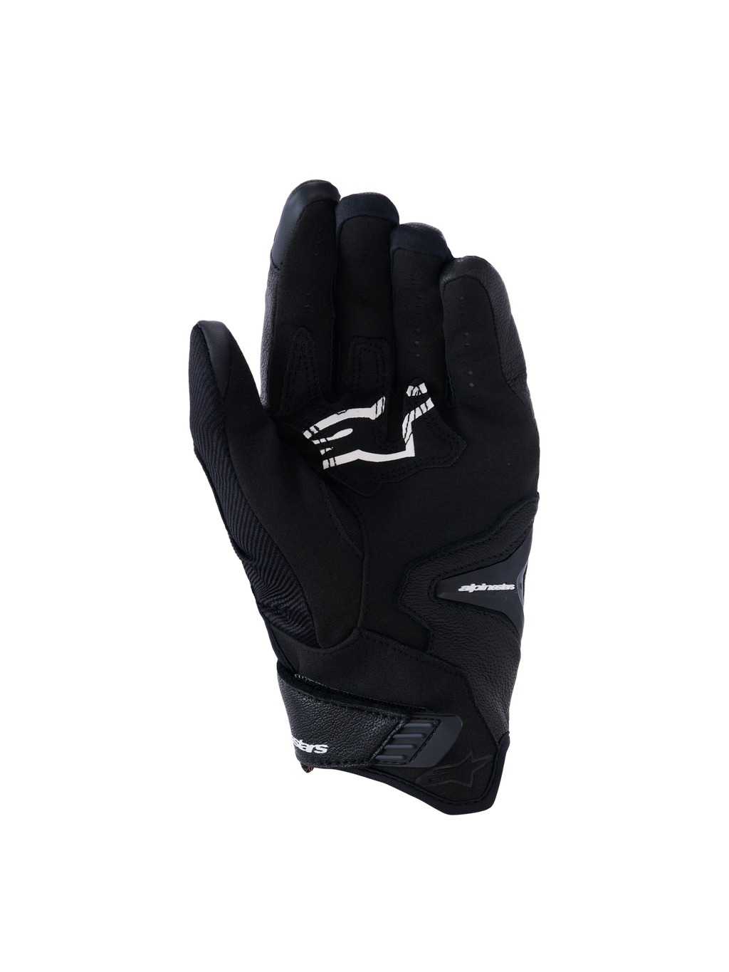 Alpinestars SP-R Pro handsker, sorte motorcykelhandsker med kort manchet, håndfladevisning der viser grebsforstærkninger og hvidt Alpinestars-logo, designet til sportskørsel.