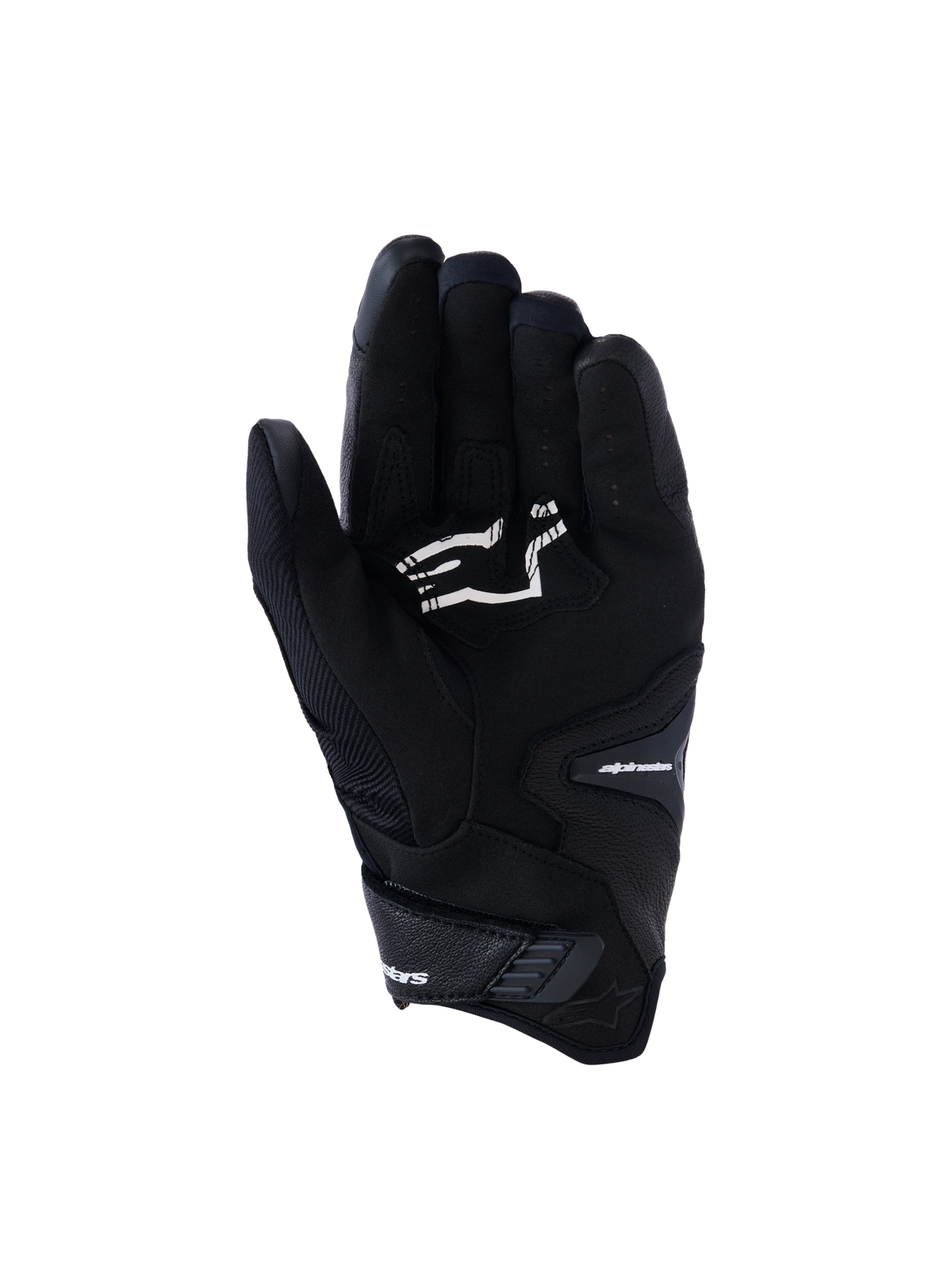 Alpinestars SP-R Pro handsker, sorte motorcykelhandsker med kort manchet, håndfladevisning der viser grebsforstærkninger og hvidt Alpinestars-logo, designet til sportskørsel.