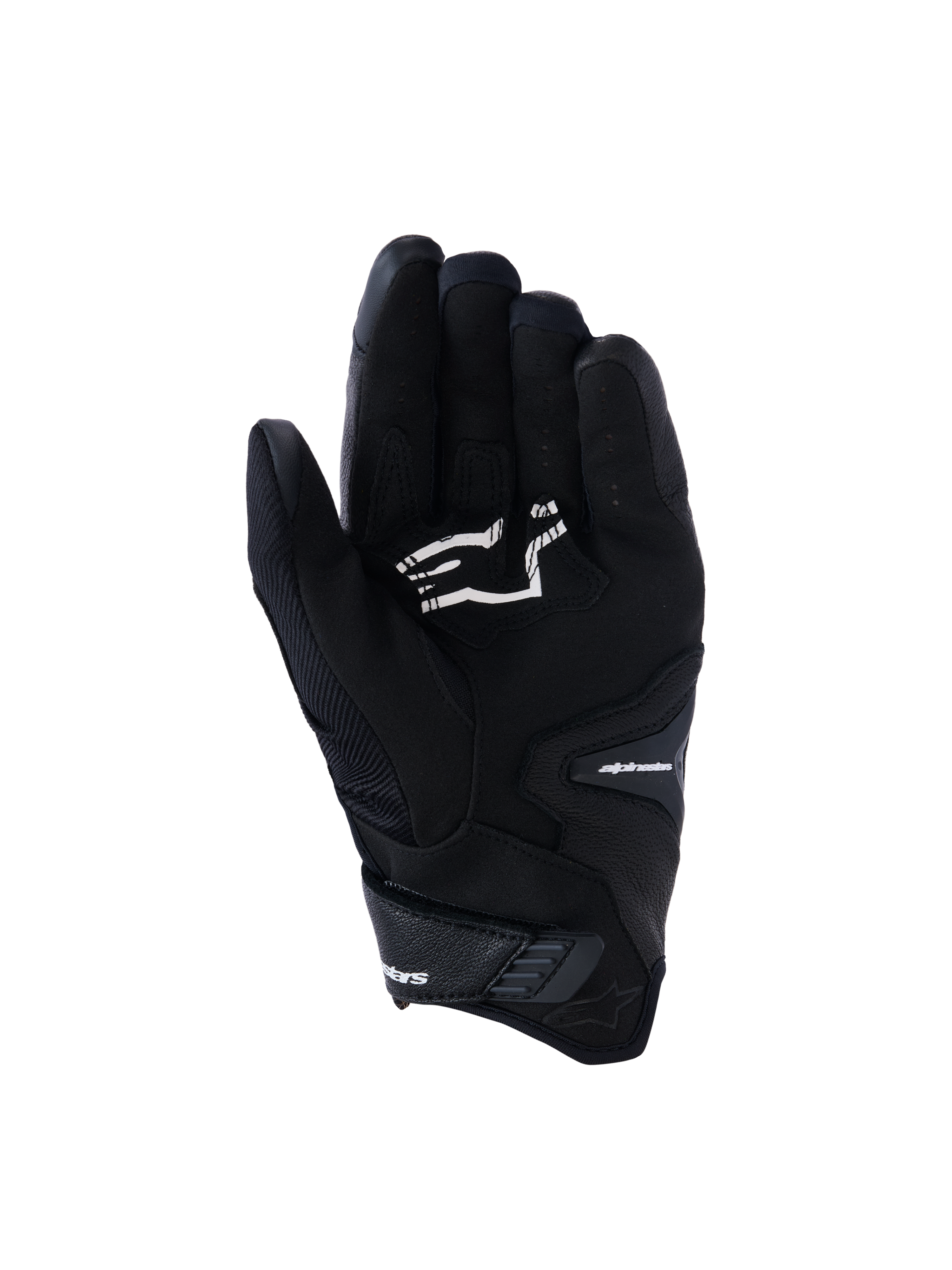 Alpinestars SP-R Pro handsker, sorte motorcykelhandsker med kort manchet, håndfladevisning der viser grebsforstærkninger og hvidt Alpinestars-logo, designet til sportskørsel.