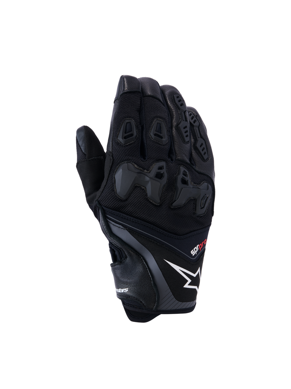 Alpinestars SP-R Pro handsker, sorte motorcykelracinghandsker med hvidt stjernelogo og rød pro-tekst, opdelt TPU-knobeskyttelse og forstærkede fingerpaneler, førsteklasses læder- og tekstilkonstruktion til sportskørsel