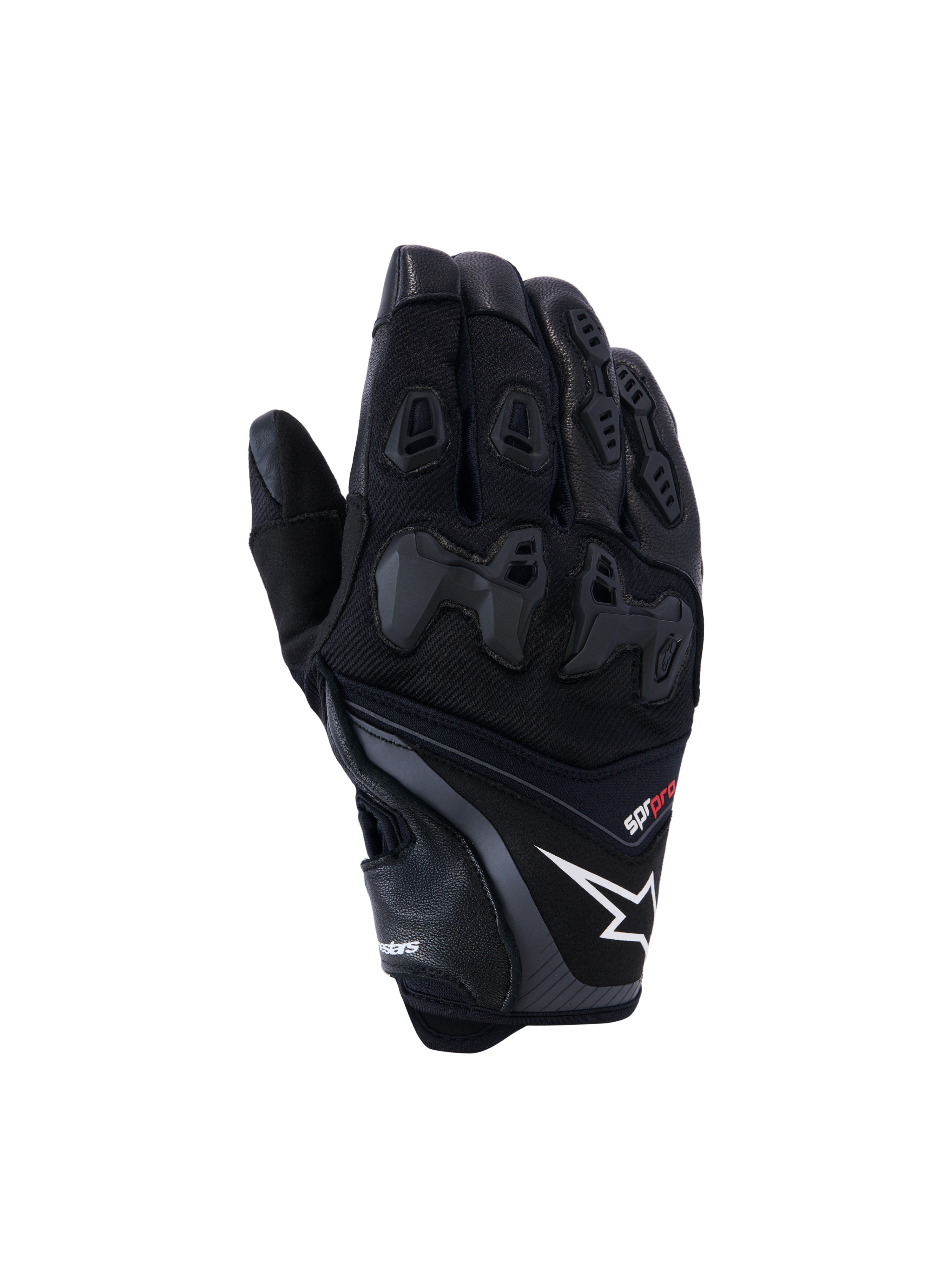 Alpinestars SP-R Pro handsker, sorte motorcykelracinghandsker med hvidt stjernelogo og rød pro-tekst, opdelt TPU-knobeskyttelse og forstærkede fingerpaneler, førsteklasses læder- og tekstilkonstruktion til sportskørsel