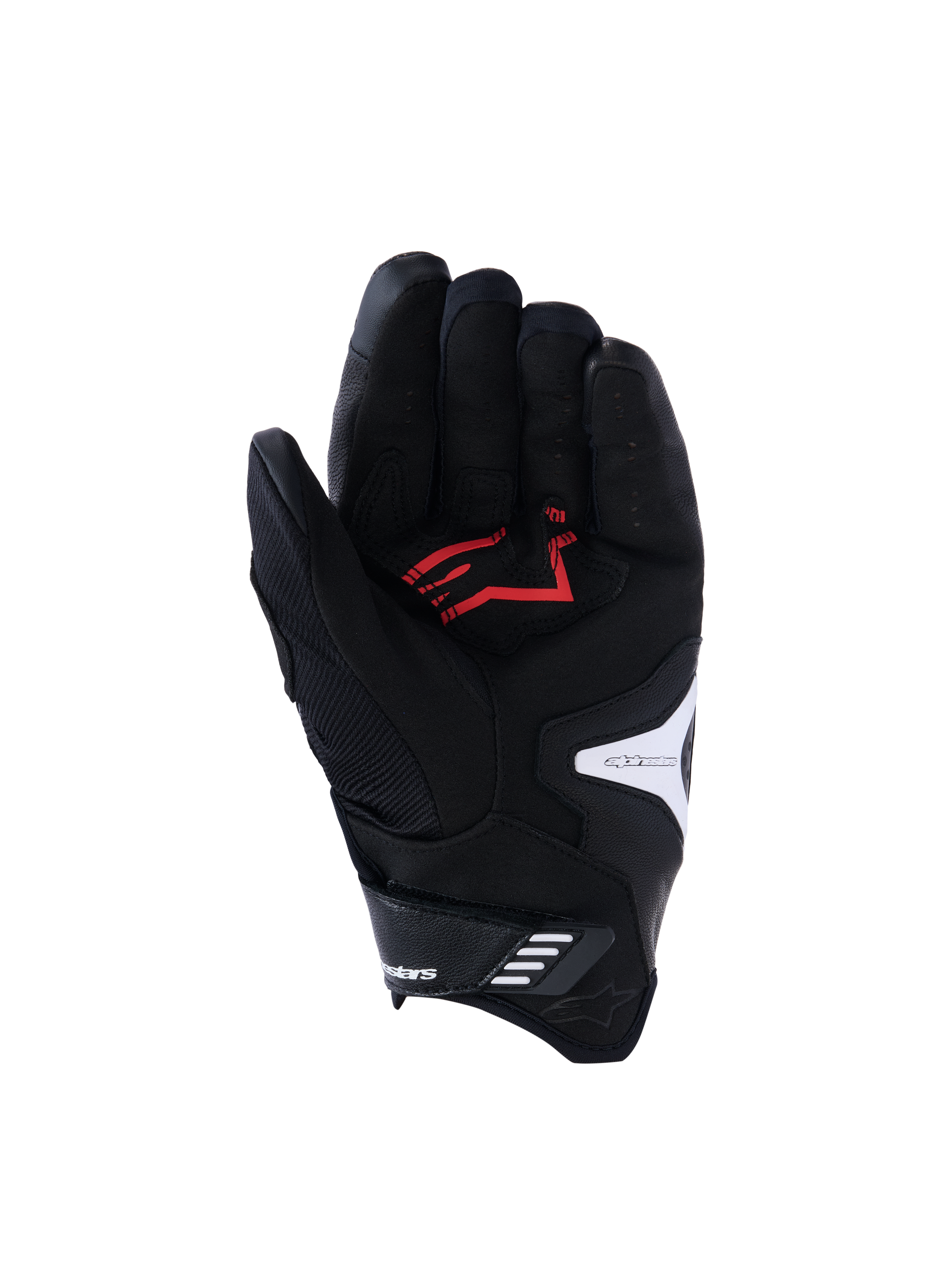 Alpinestars SP-R Pro handsker, håndfladevisning, sort hvid og klar rød, med forstærket håndflade i syntetisk læder med rødt logo, perforerede læderfingre og hvide logo-accenter, designet til sport motorcykelkørsel