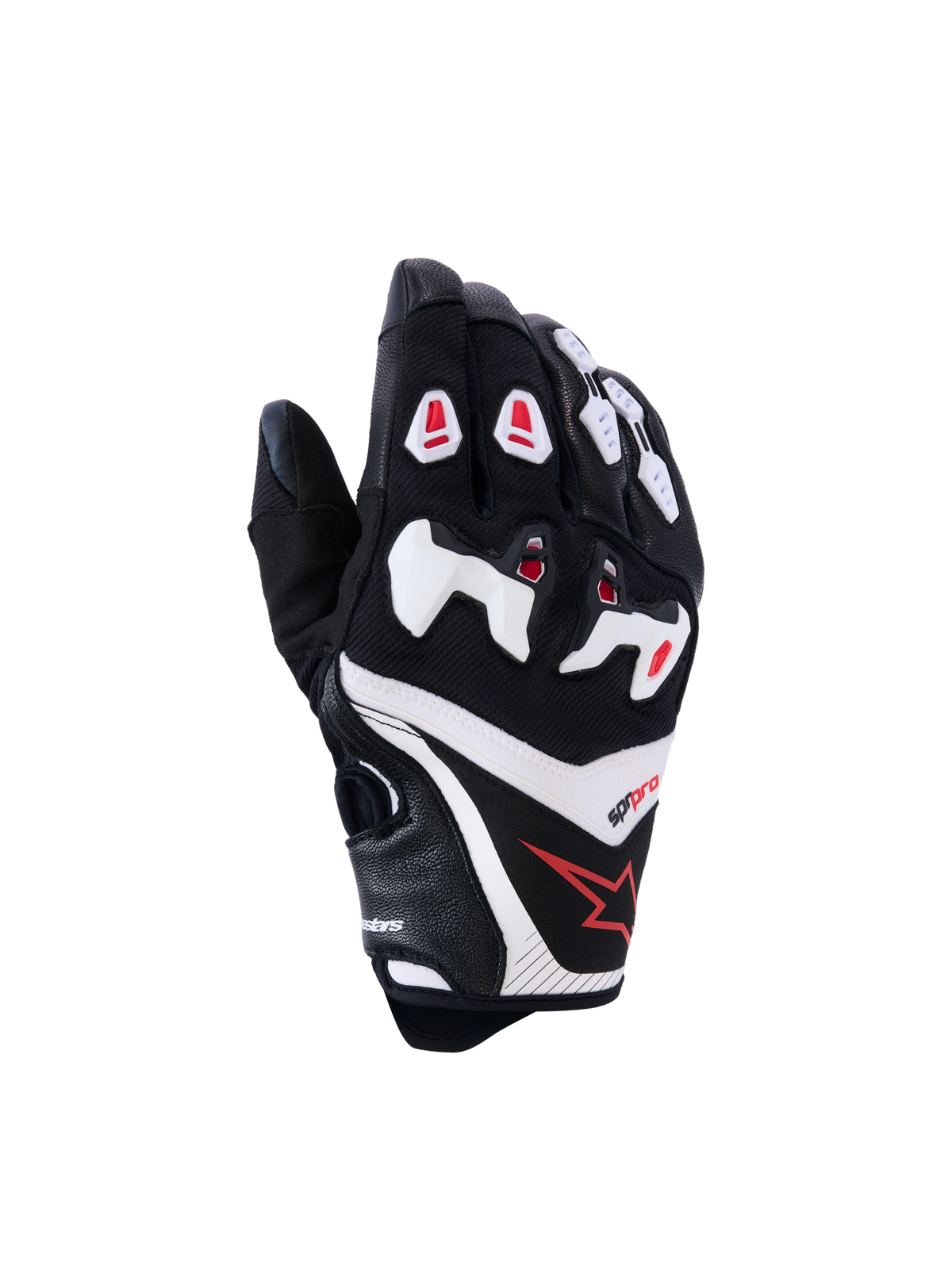 Alpinestars SP-R Pro Gloves, Motorcycle Racing Gloves, Black with White and Red Accents, Backhand View featuring Divided TPU Knuckle Protection, Textured Leather and Mesh Construction, Red Star Logo on the wrist