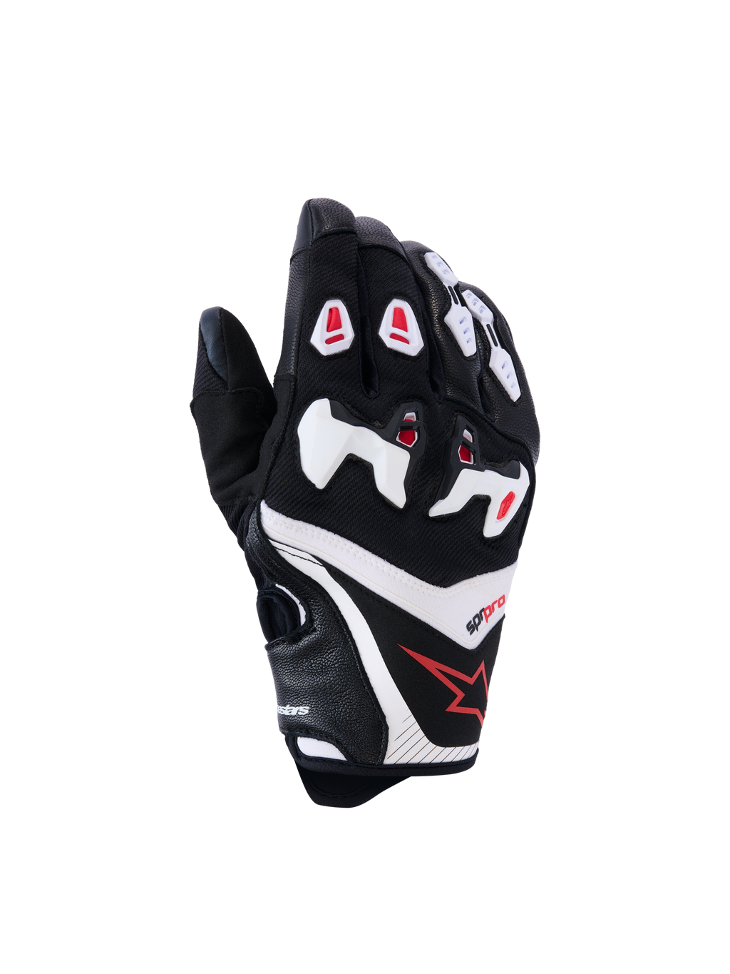Alpinestars SP-R Pro handsker, motorcykelracinghandsker, sort med hvide og røde detaljer, set fra oversiden med delt TPU-knobeskyttelse, konstruktion i tekstureret læder og mesh, rødt stjernelogo på håndleddet