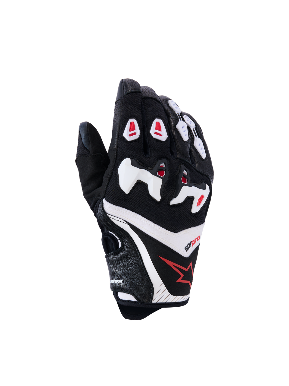 Alpinestars SP-R Pro handsker, motorcykelracinghandsker, sort med hvide og røde detaljer, set fra oversiden med delt TPU-knobeskyttelse, konstruktion i tekstureret læder og mesh, rødt stjernelogo på håndleddet