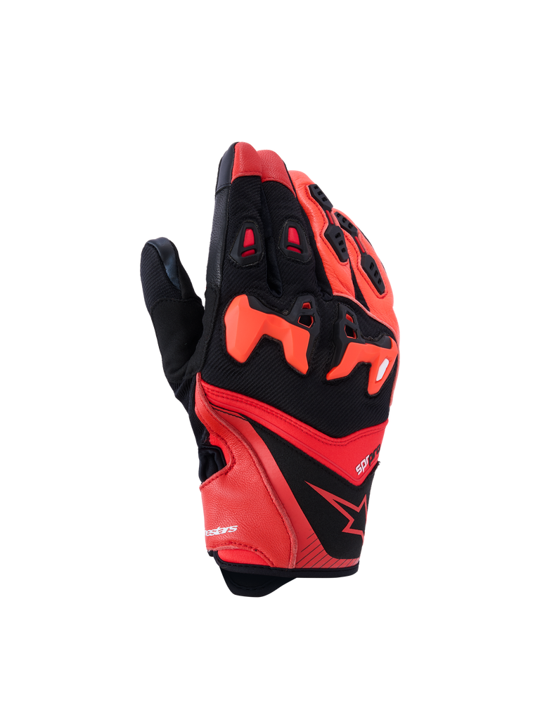 Alpinestars SP-R Pro Gloves, Motorcycle Sport Gloves, Bright Red, Red Fluo, and Black, featuring divided TPU knuckle protection, perforated leather fingers for ventilation, and a sleek goat leather and textile design with the Alpinestars star logo.