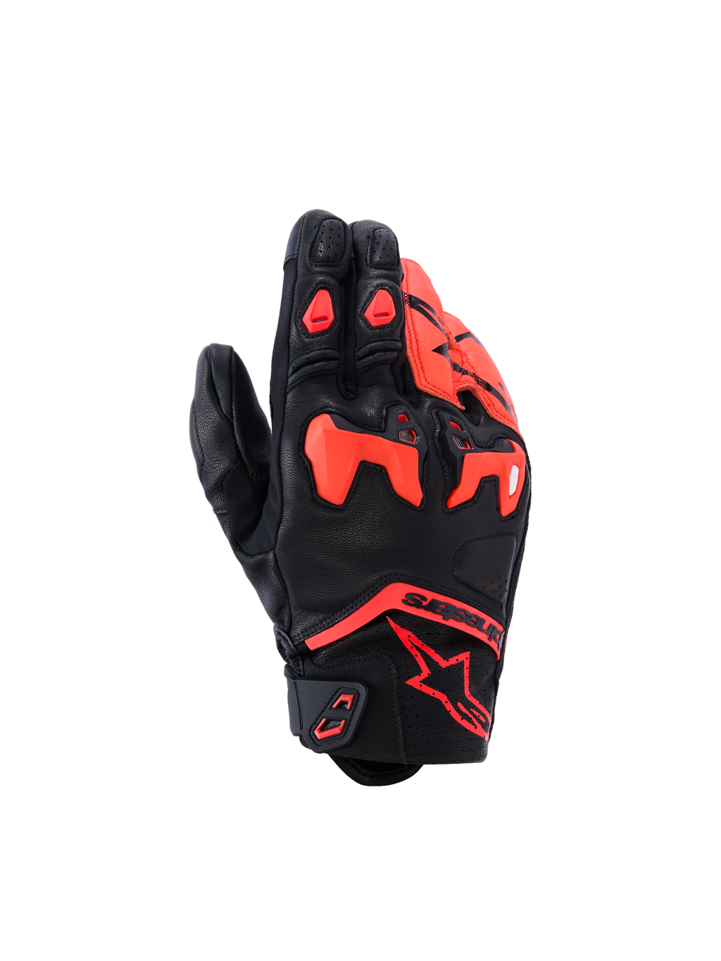 Alpinestars SP-R Tech handsker, motorcykelhandsker, sort og rød fluo, med delt TPU-knobeskyttelse og perforerede læderpaneler, kort manchet sportskørselsdesign med rødt Astars-logo