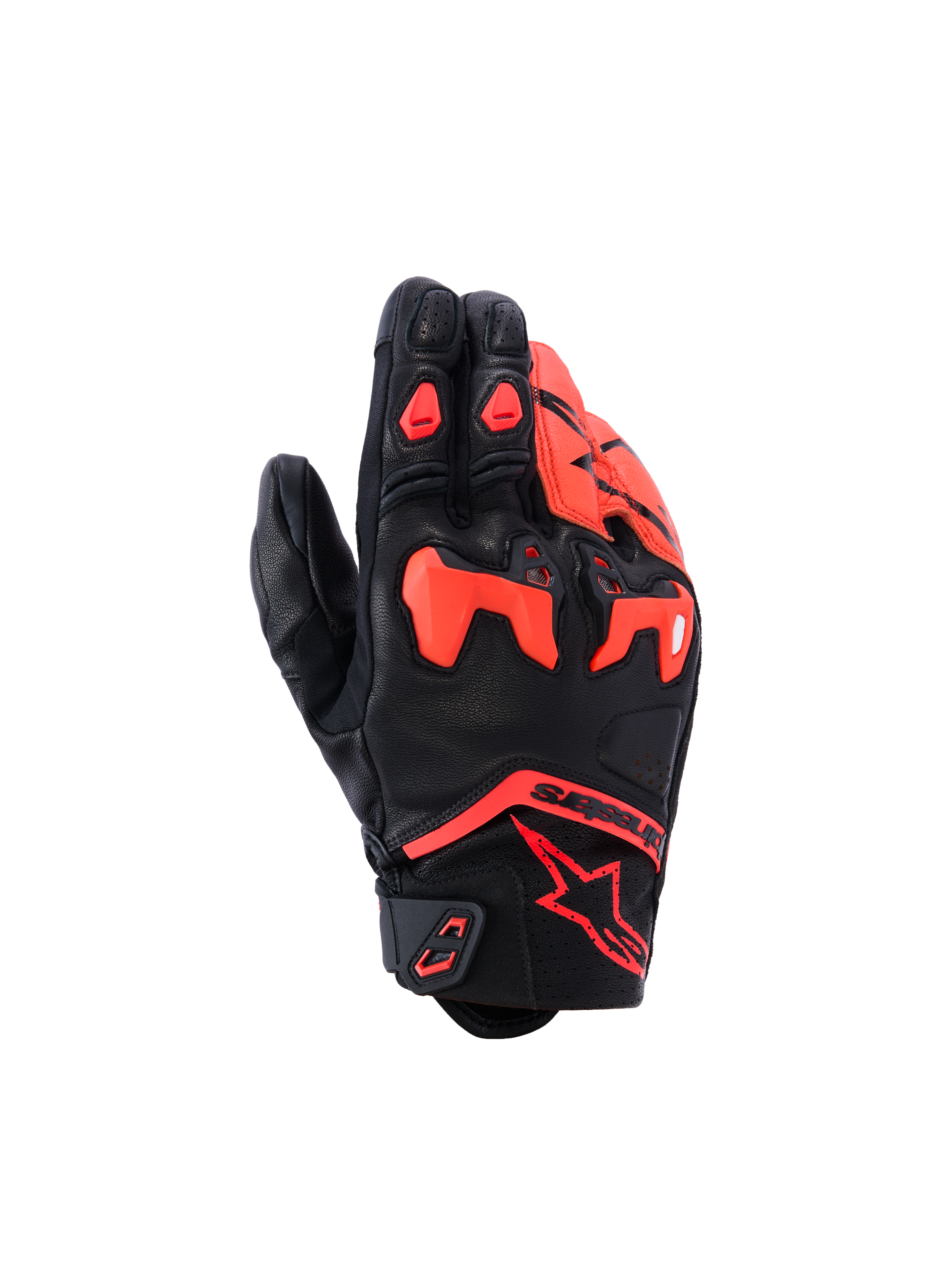 Alpinestars SP-R Tech handsker, motorcykelhandsker med kort manchet, sort og rød fluo, med opdelt TPU-knobeskyttelse, konstruktion i premium gedelæder og Alpinestars stjernelogo på håndleddet