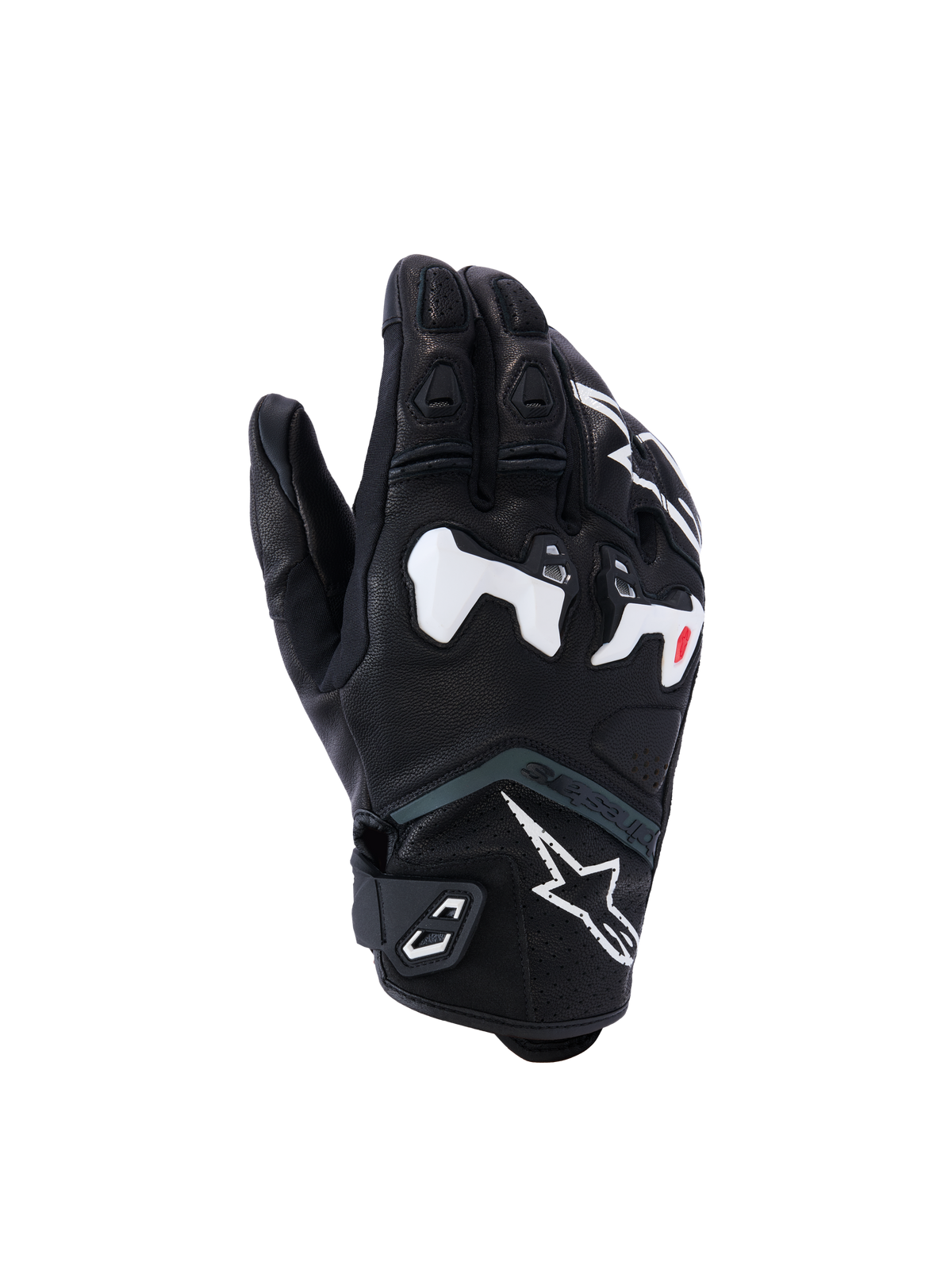 Alpinestars SP-R Tech handsker, motorcykelracinghandsker, sort med hvide og røde detaljer, forstærket knobeskyttelse, tekstureret overflade med polstrede fingre, velcro-håndledsrem, moderne sportsligt design