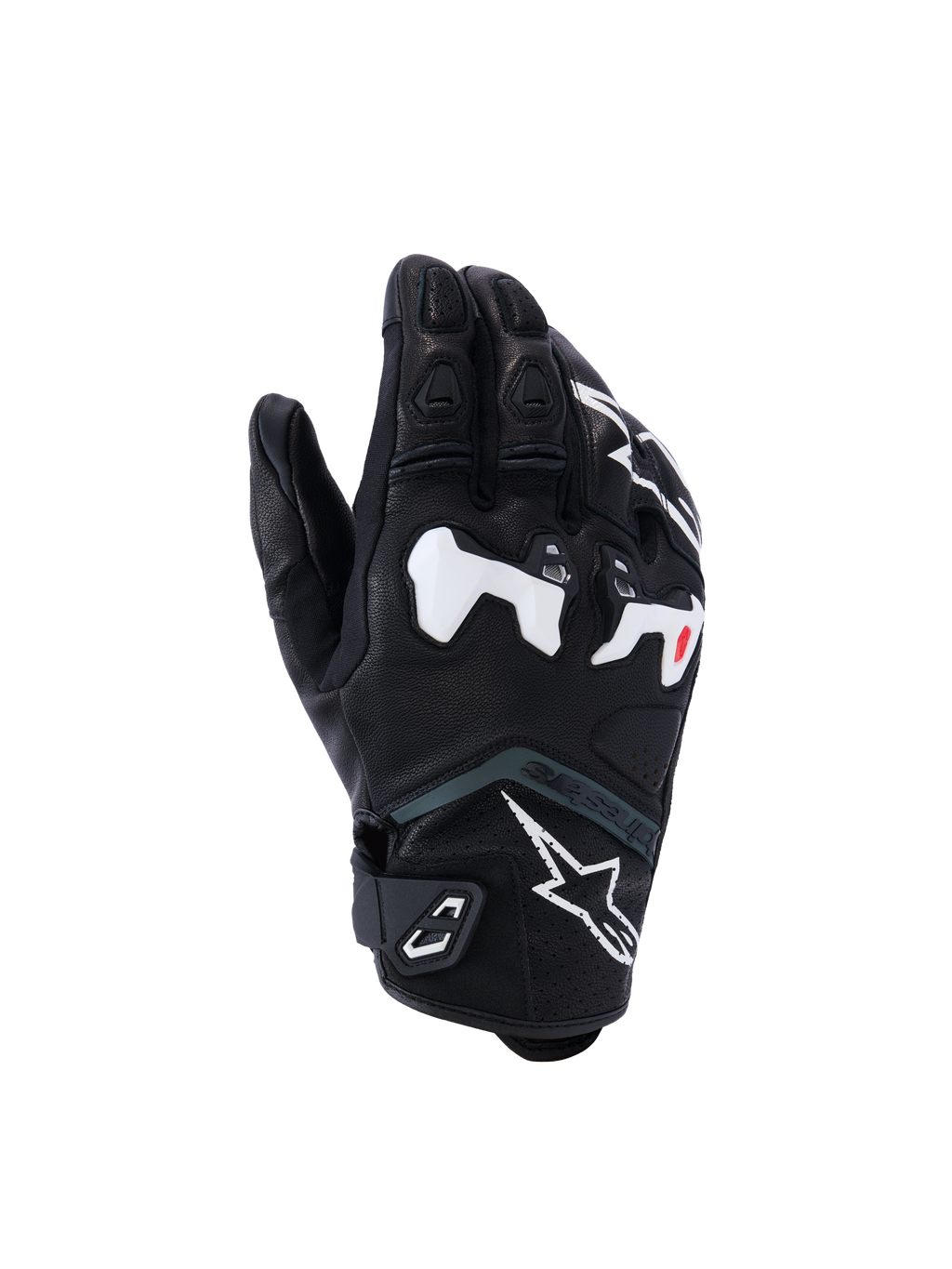 Alpinestars SP-R Tech handsker, motorcykelracinghandsker, sort med hvide og røde detaljer, forstærket knobeskyttelse, tekstureret overflade med polstrede fingre, velcro-håndledsrem, moderne sportsligt design