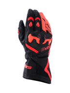 Alpinestars SP-9 handsker, motorcykelhandsker til racing og sport, sort og rød fluo, konstruktion i fuldnarvet gedelæder med SP-R delt TPU-knobeskyttelse, perforeret baghånd for ventilation, lang manchet med rød branding, højtydende beskyttelsesudstyr til sportskørsel