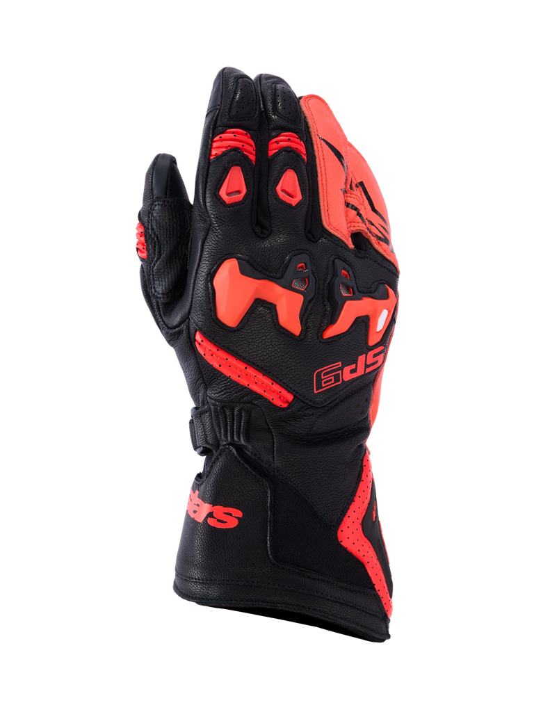 Alpinestars SP-9 Gloves, Racing and Sport Motorcycle Gloves, Black and Red Fluo, full-grain goat leather construction featuring SP-R divided TPU knuckle protection, perforated backhand for airflow, long cuff with bold red branding, high-performance protective gear for sport riding.