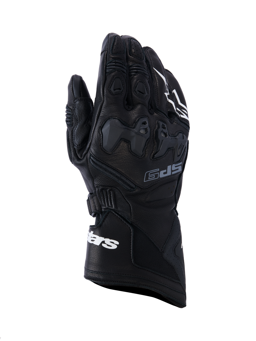 Alpinestars SP-9 handsker, sorte motorcykelhandsker til racing, fuldnarvet læder med SP-R TPU-knobeskyttelse, lang manchet med hvid Alpinestars-branding, perforerede detaljer og ergonomisk sportsdesign