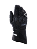 Alpinestars SP-9 handsker, sorte motorcykelhandsker til racing, fuldnarvet læder med SP-R TPU-knobeskyttelse, lang manchet med hvid Alpinestars-branding, perforerede detaljer og ergonomisk sportsdesign
