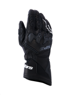 Alpinestars SP-9 handsker, sorte motorcykelhandsker til racing, fuldnarvet læder med SP-R TPU-knobeskyttelse, lang manchet med hvid Alpinestars-branding, perforerede detaljer og ergonomisk sportsdesign